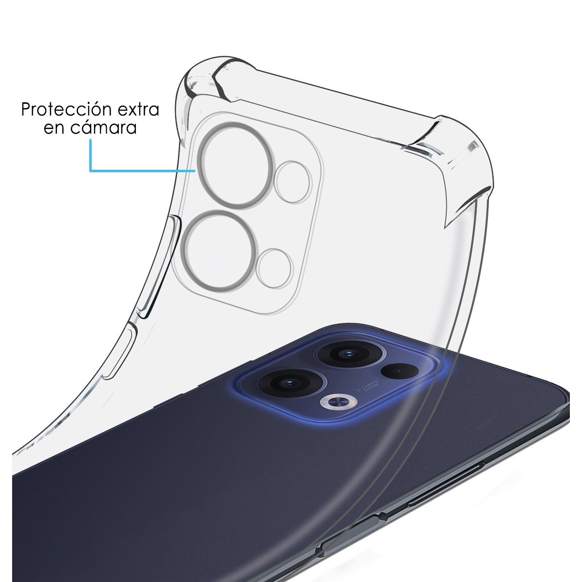 Un telefono con una custodia trasparente. La custodia ha una protezione extra per la fotocamera.