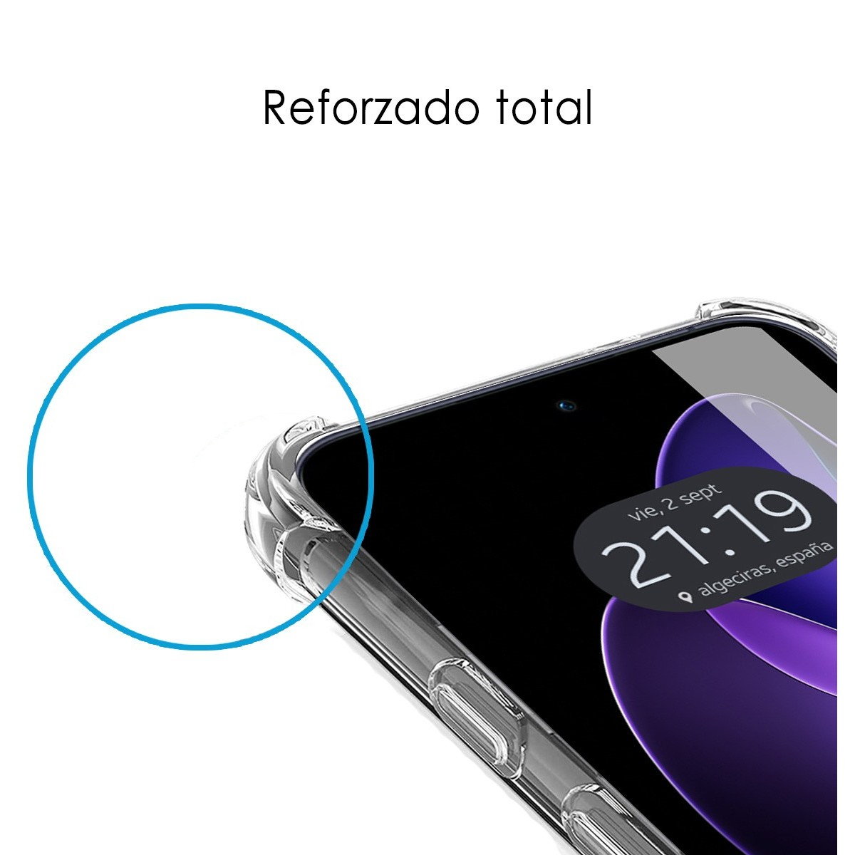 Custodia per telefono con dettagli rinforzati e un telefono che mostra l'ora.