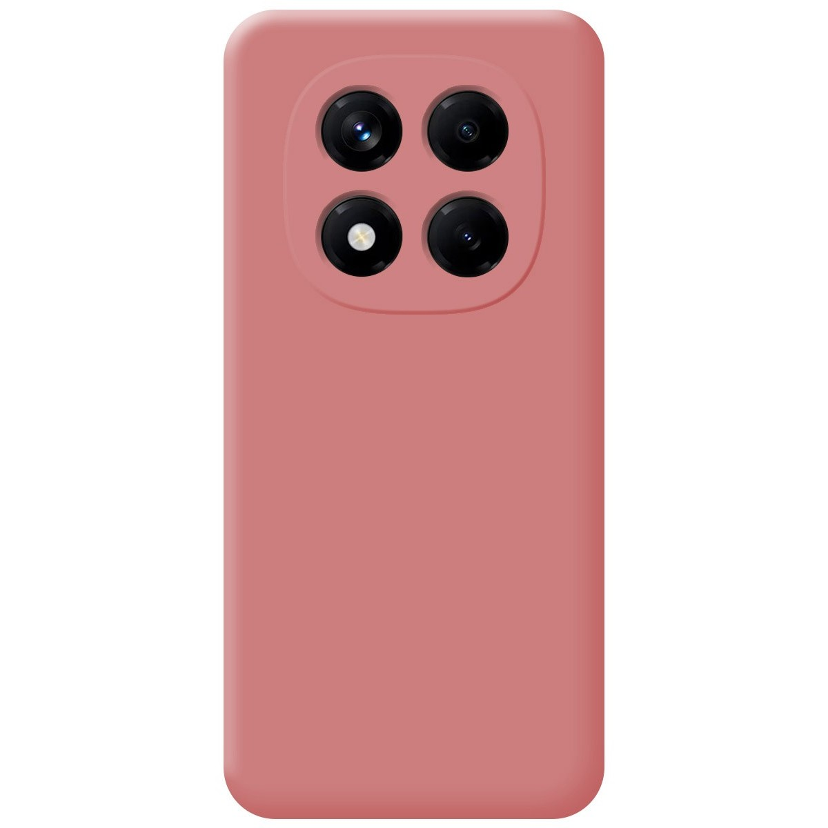 Custodia rosa per telefono con quattro obiettivi. Sfondo bianco.
