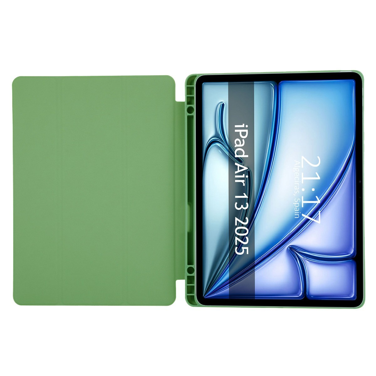 Funda verde para iPad con un iPad dentro y una pantalla que muestra la hora.