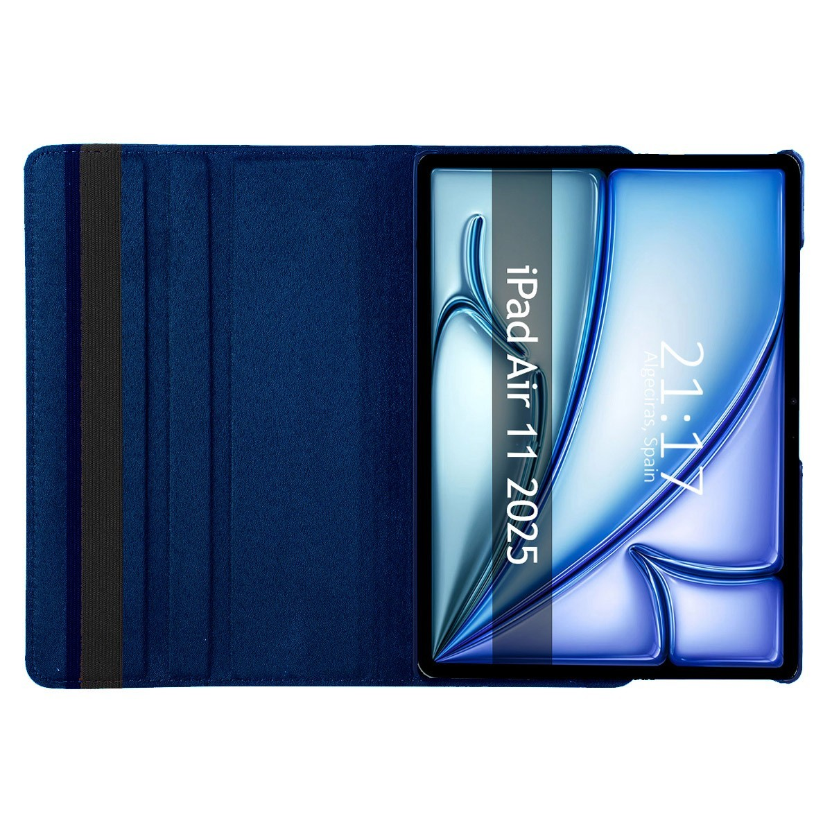 Funda de tableta azul, abierta para revelar la tableta. La pantalla de la tableta dice iPad Air 11 2025. La hora es 21:17.