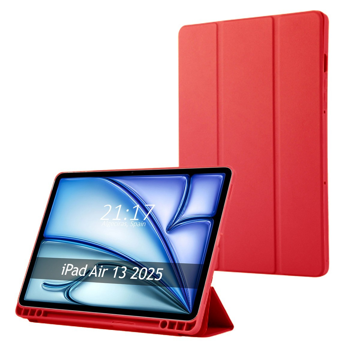 Custodia rossa per tablet con tablet all'interno. La custodia può stare in piedi. Mostra il tablet e la sua custodia.