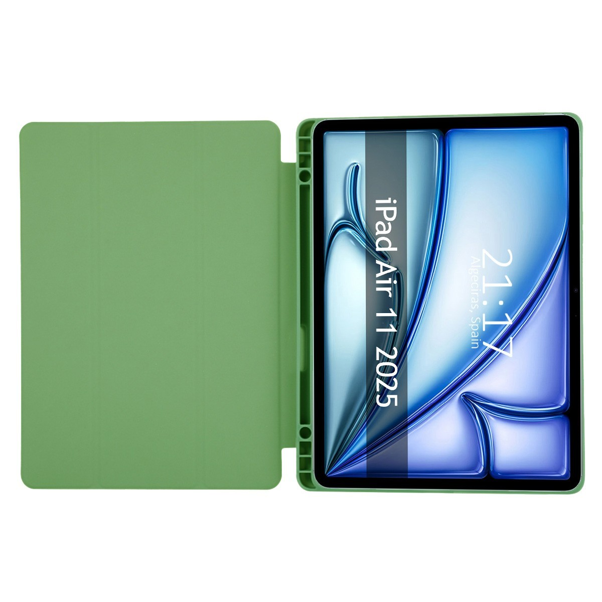 Funda verde de iPad Air 11 2025, abierta, mostrando la pantalla con hora y lugar.