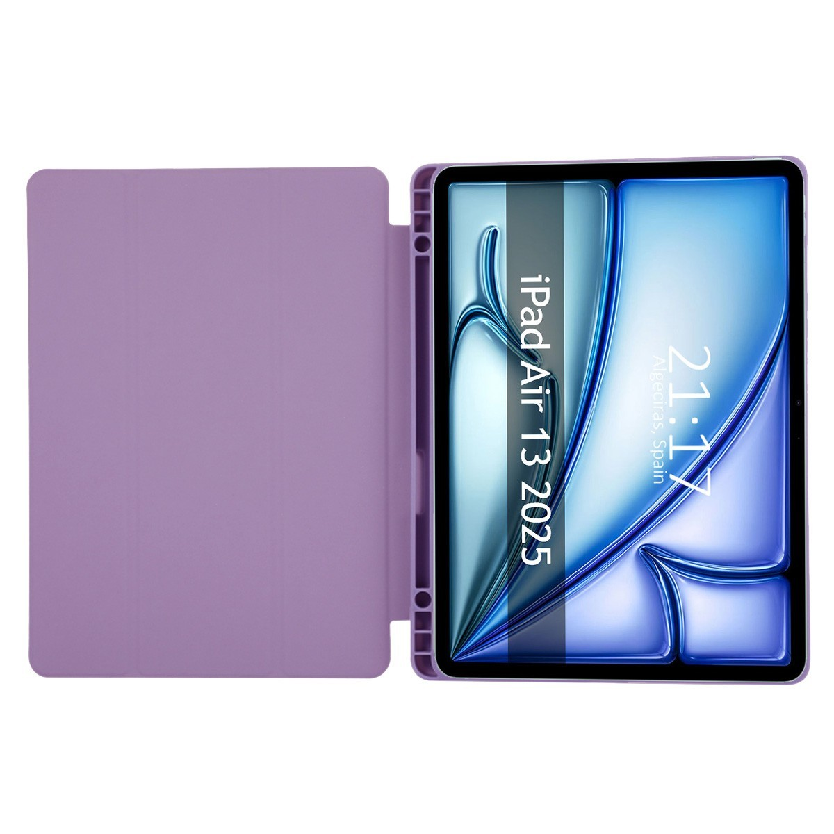Funda morada para iPad Air 13 2025, abierta, mostrando la pantalla.
