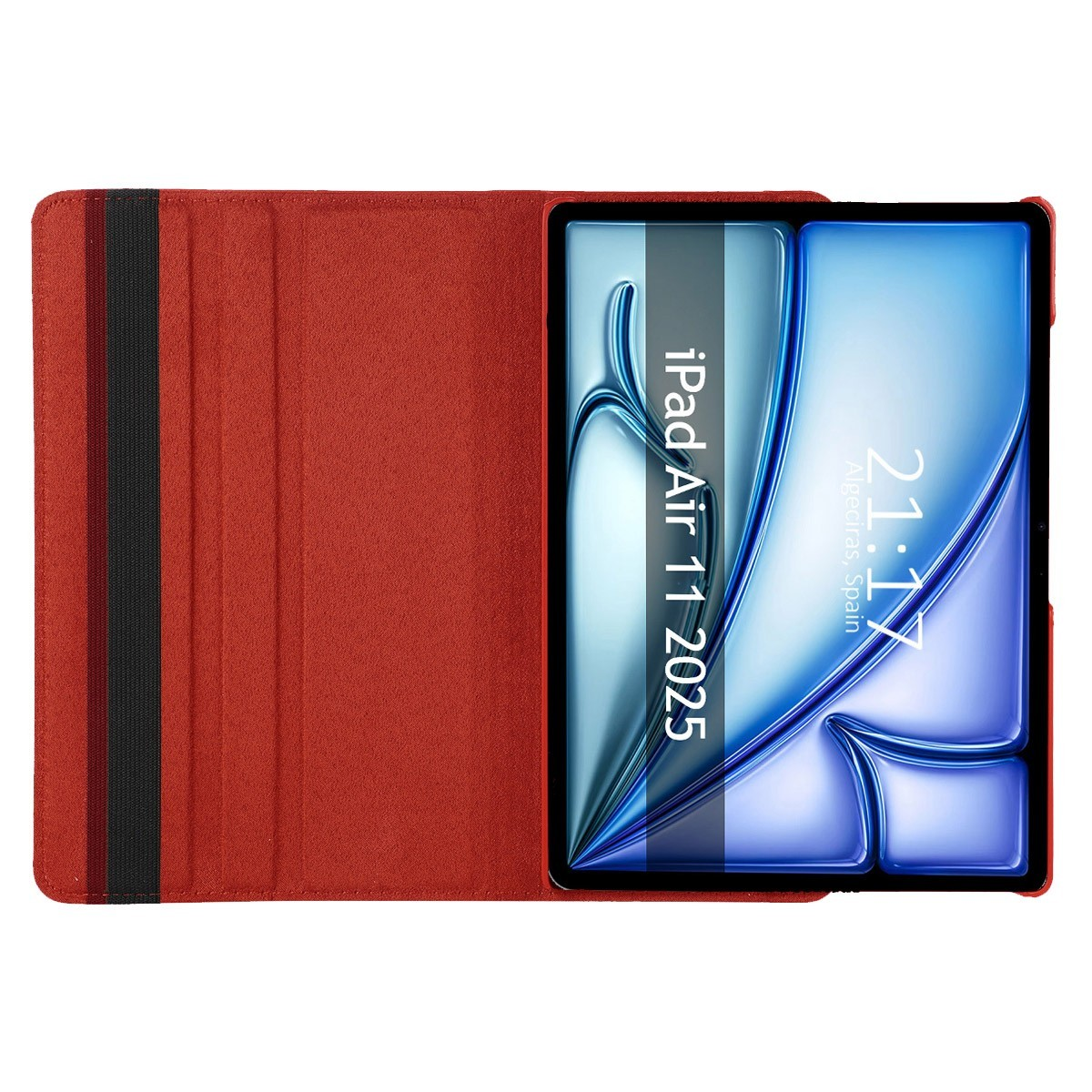 Funda de tableta roja abierta, que muestra una tableta con texto y hora en la pantalla.