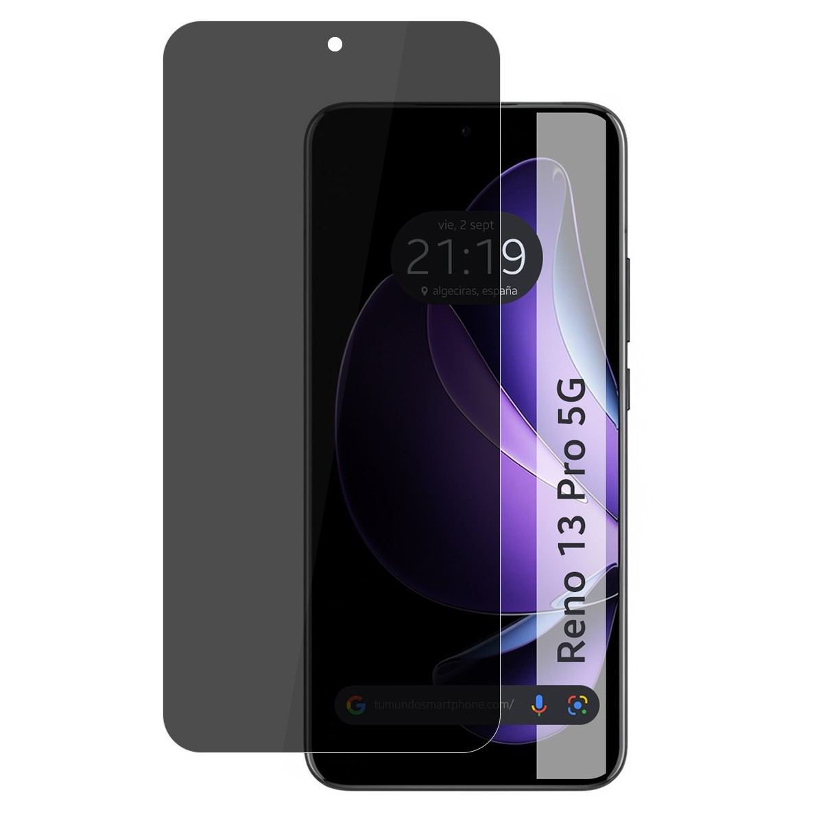 Uno smartphone con protezione schermo e data e ora visualizzate, con il testo 'Reno 13 Pro 5G'.