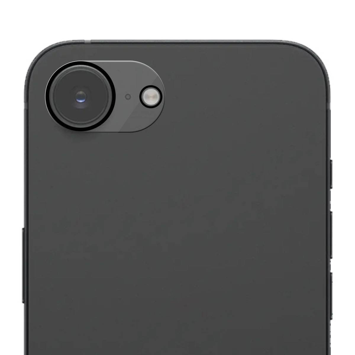 Retro di smartphone con obiettivo della fotocamera. L'obiettivo è nero, con anello argento. Telefono nero.
