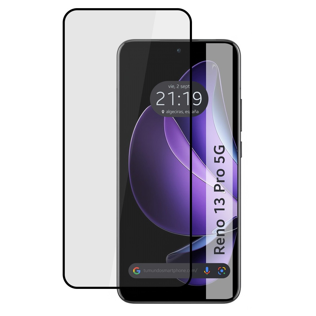 Pellicola protettiva. Materiale trasparente, simile al vetro, con schermo del telefono visibile.
