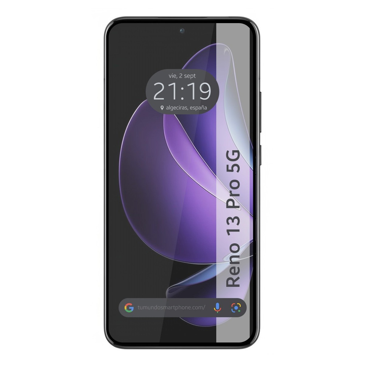 Smartphone con schermo che mostra data e ora. Lo schermo ha un colore sfumato.