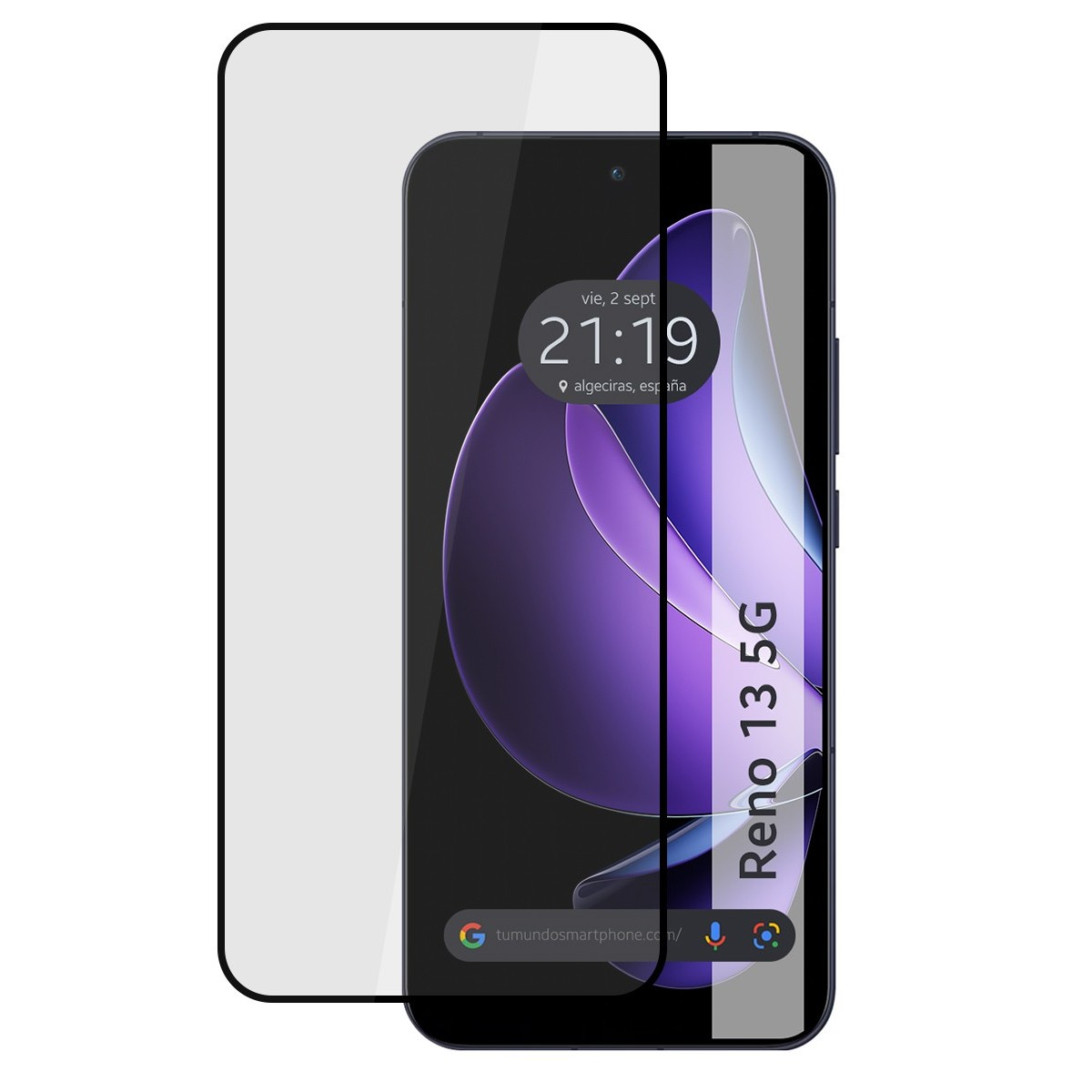 Schermo del telefono con ora e posizione e una protezione schermo separata.