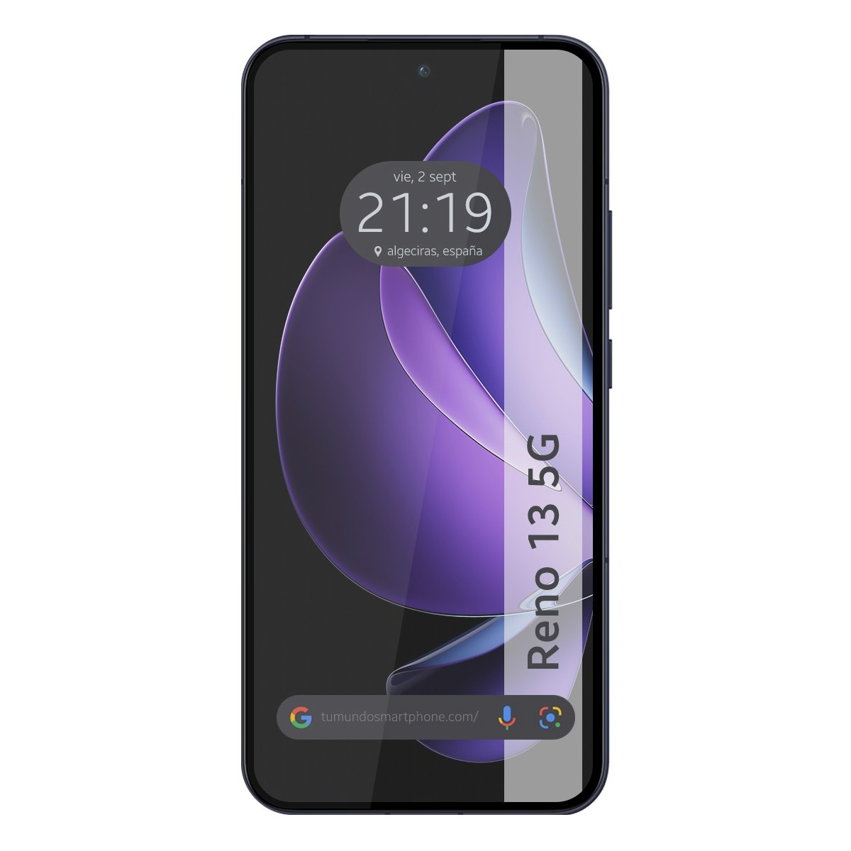 Vista frontale dello smartphone mostra ora e data. Testo Reno 13 Pro 5G. Telefono blu scuro.