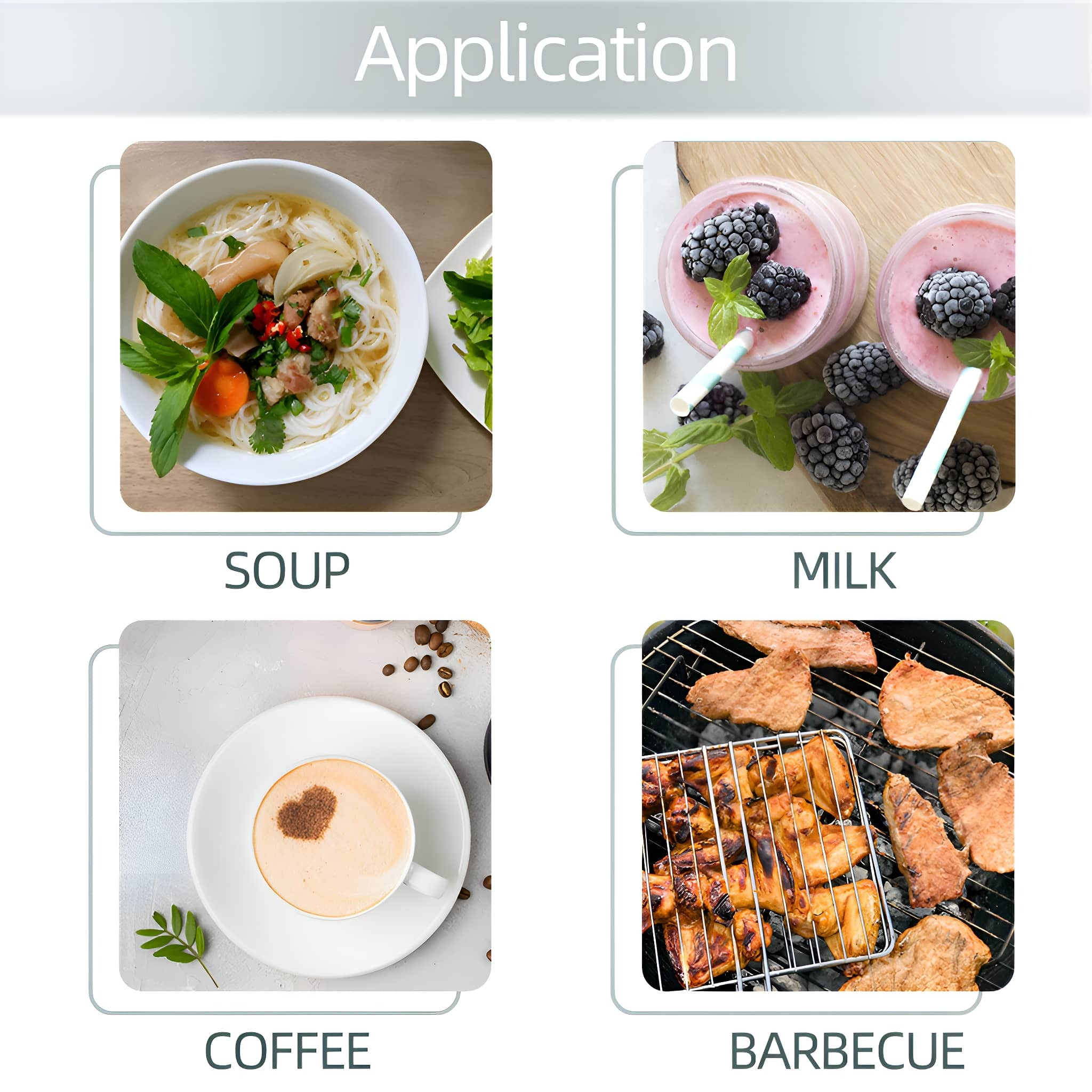 Eine Collage mit vier Lebensmitteln: Suppe, Milchshakes, Kaffee und gegrilltes Fleisch.