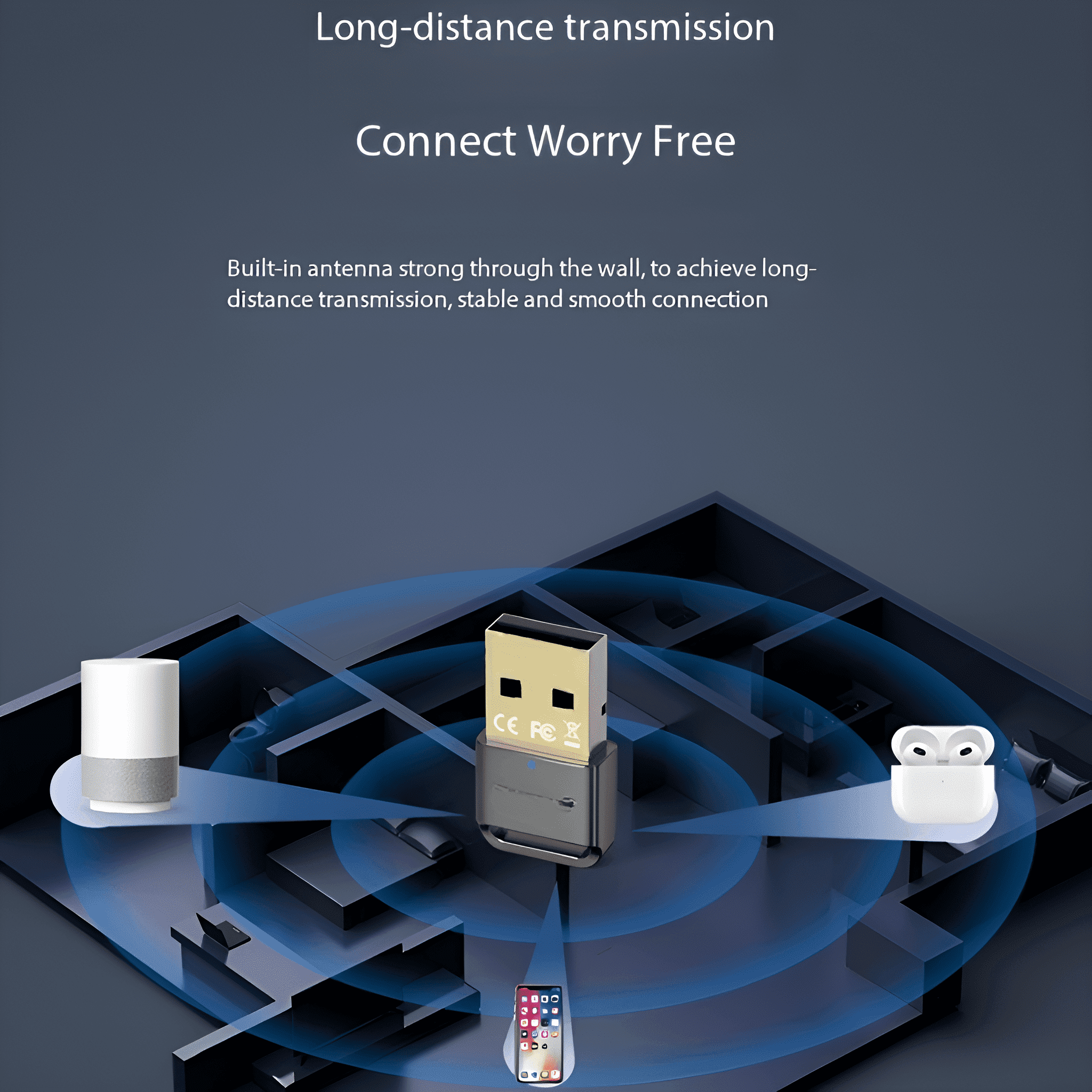 Ein USB-Adapter mit Telefon, Lautsprecher und Ohrhörern, der drahtlose Übertragung veranschaulicht.