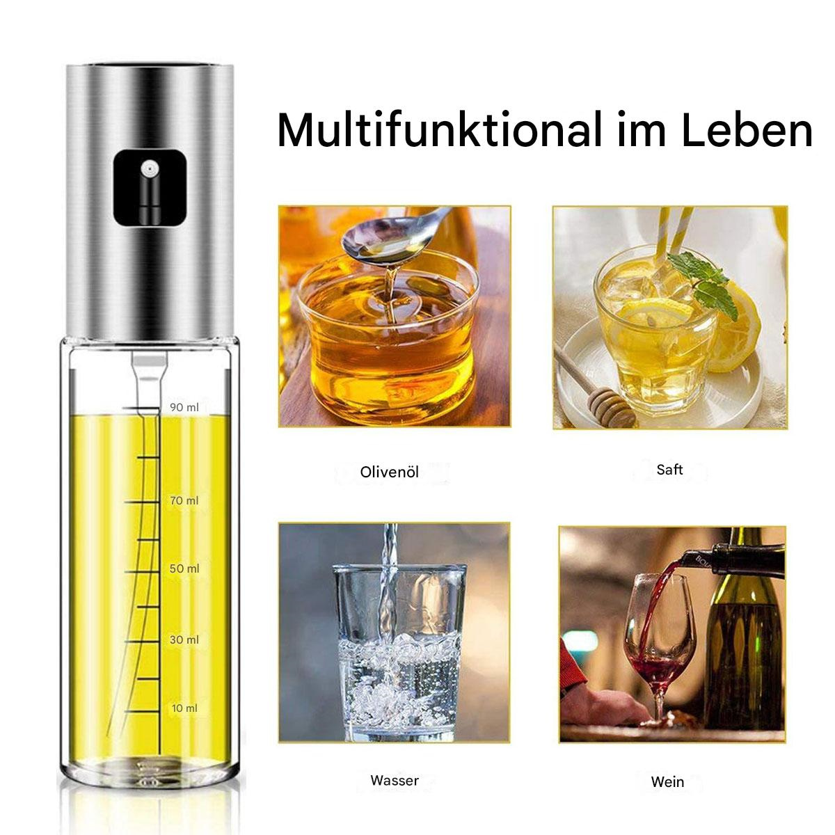 Eine Glasflasche mit Sprühkopf, mit gelbem Öl im Inneren. Umgebende Bilder zeigen Lebensmittel.
