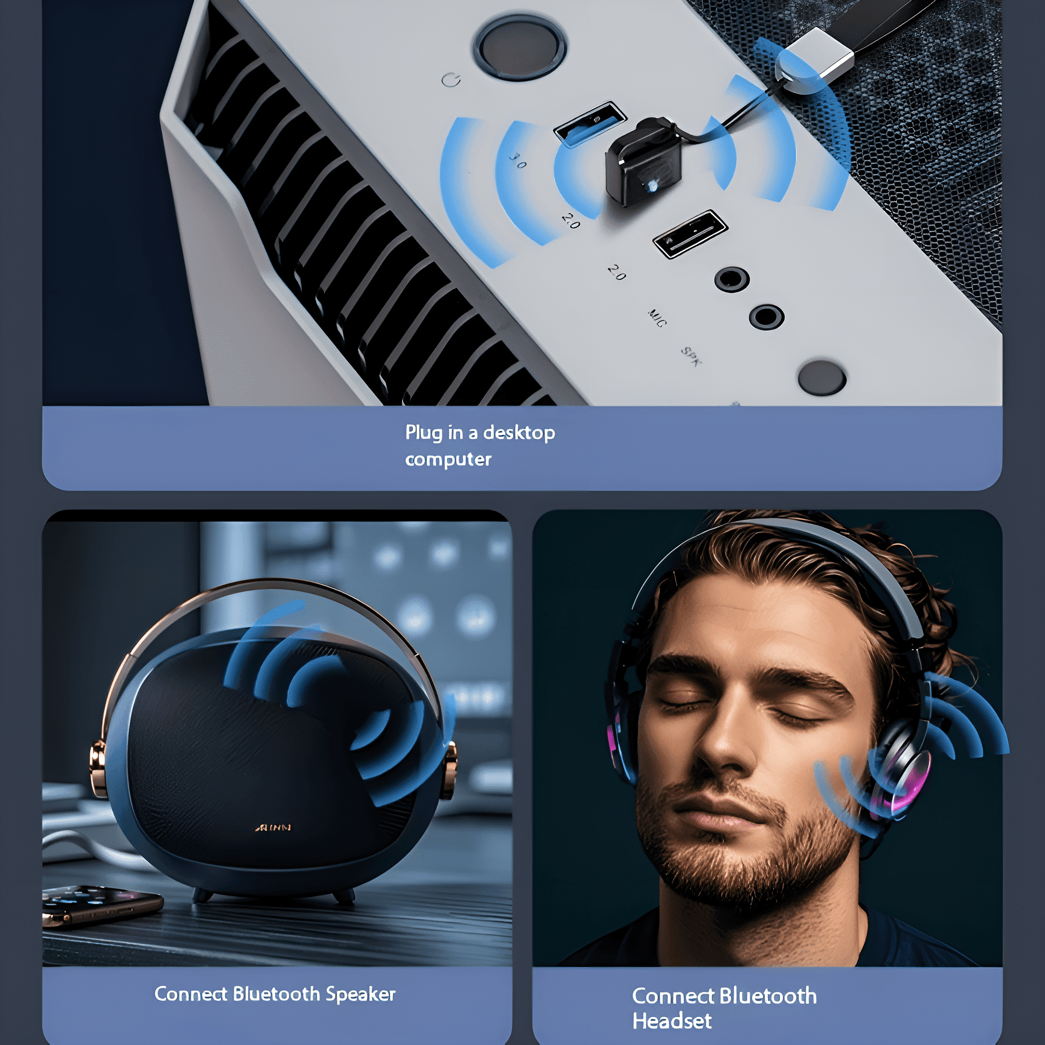 Computer mit USB-Anschlüssen und Bluetooth-Verbindungen für Lautsprecher und Headset. Mann benutzt Headset.
