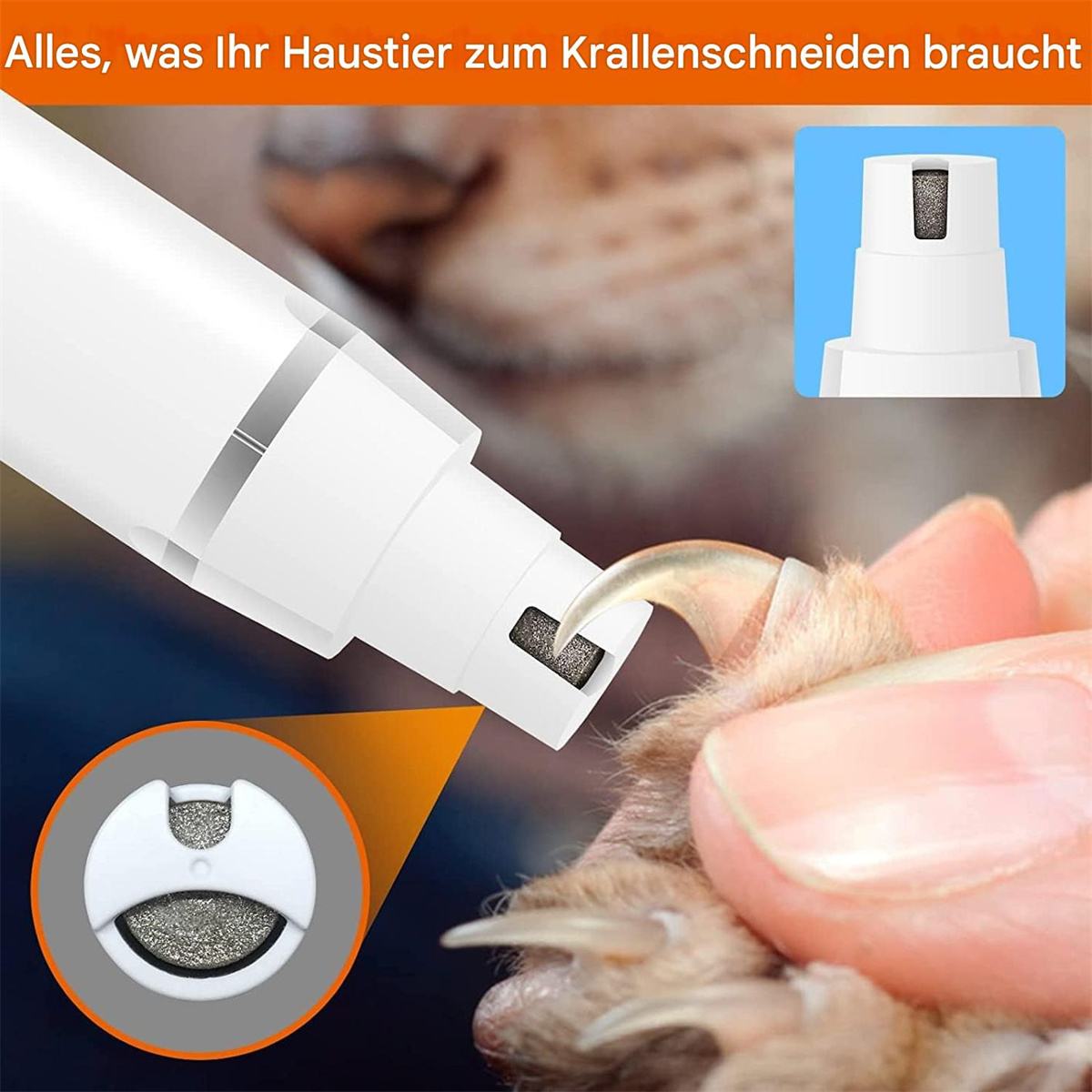 Nahaufnahme eines Tiernagelschleifers und einer Katzenpfote mit geschliffenem Nagel.