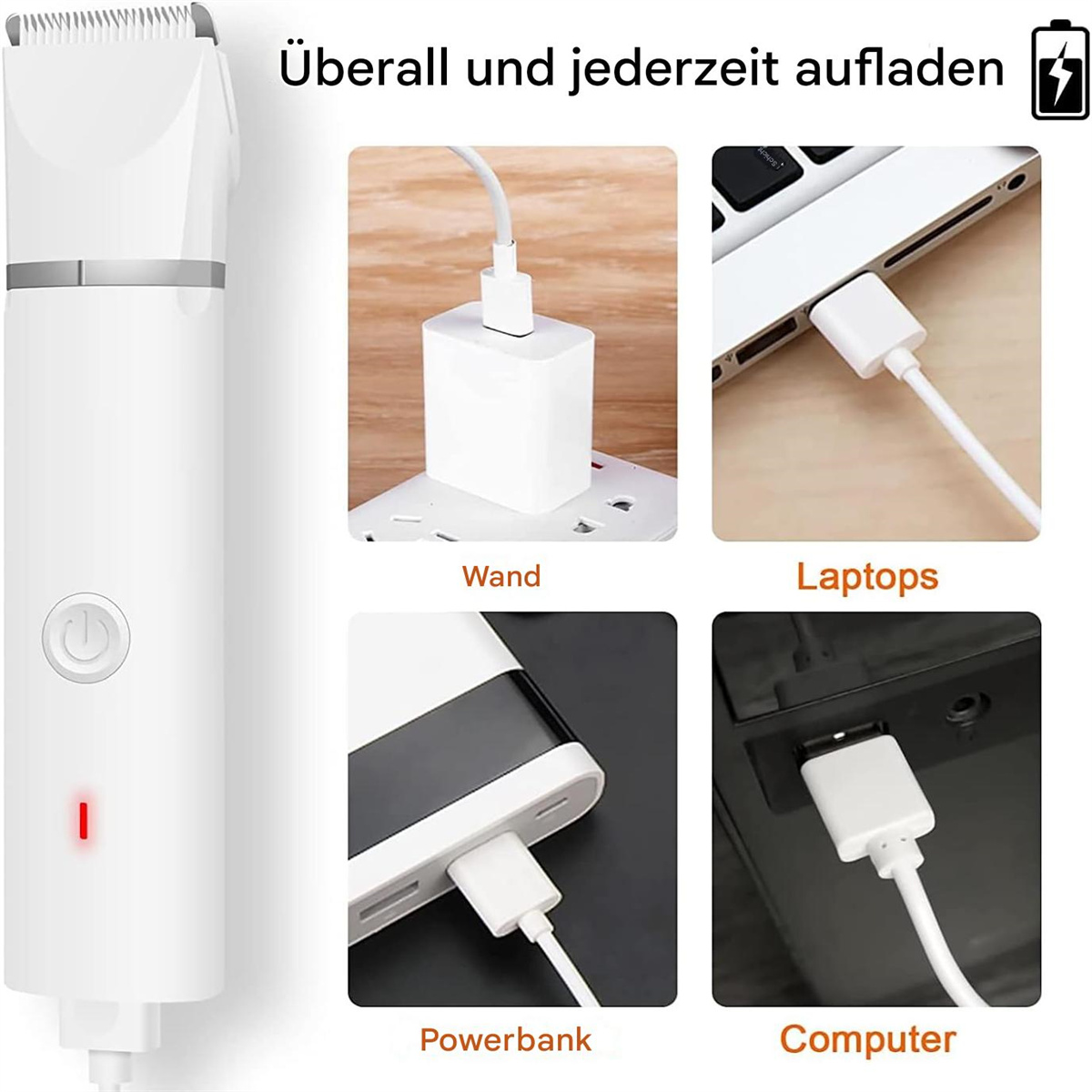 Aufladen eines wiederaufladbaren Trimmers: Wand, Laptops, Powerbank, Computer.