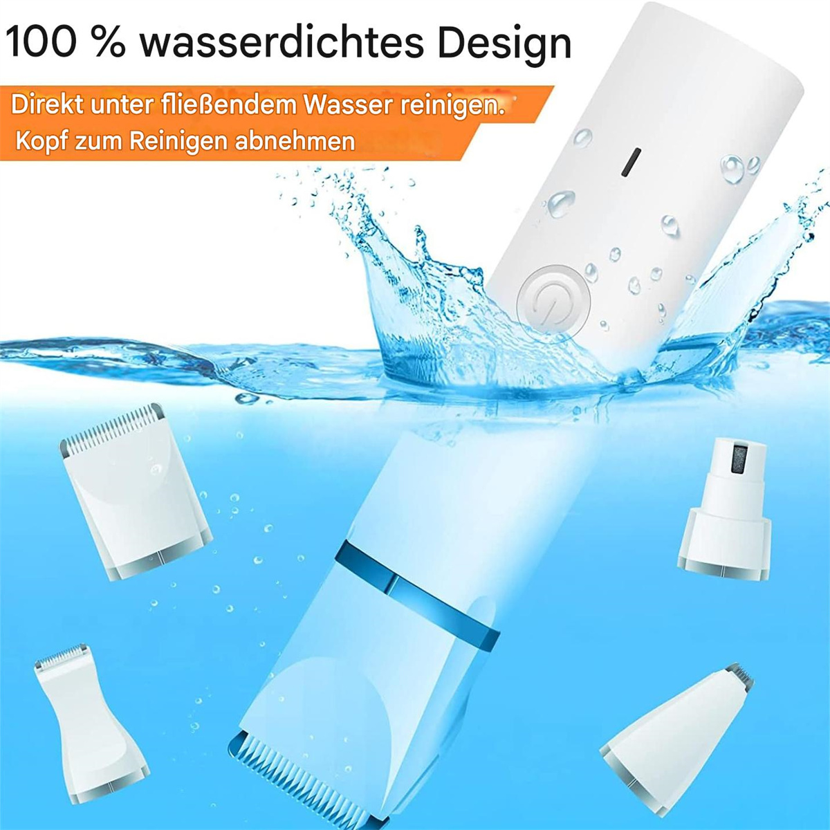 Weißes Gerät, das unter Wasser gereinigt wird, mit verschiedenen abnehmbaren Teilen sichtbar.