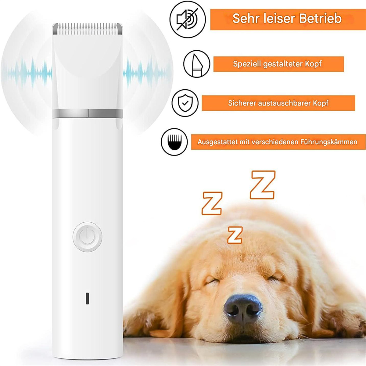 Weißer Tierhaarschneider und ein schlafender Golden Retriever mit Textüberlagerungen.