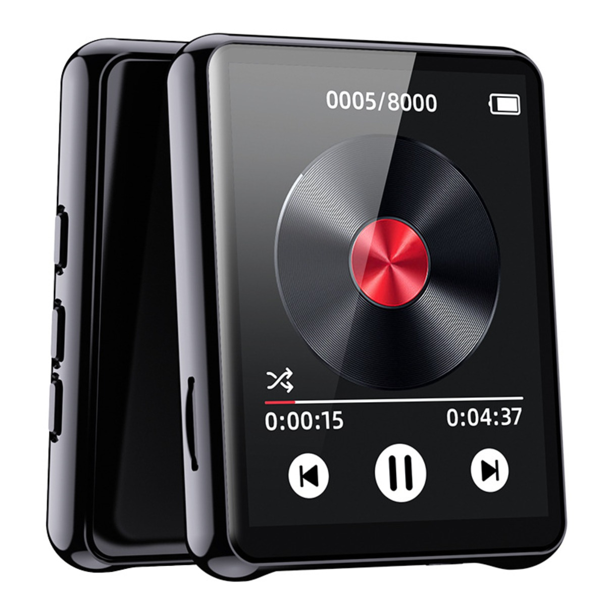 Schwarzer MP3-Player mit Bildschirm, der einen spielenden Song zeigt. Knöpfe, Lautstärke und Zeit.