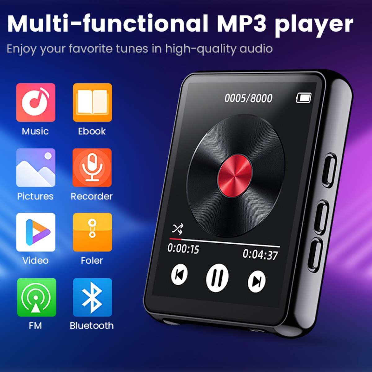 Schwarzer MP3-Player mit Farbbildschirm und Funktionssymbolen. Hat Steuertasten.