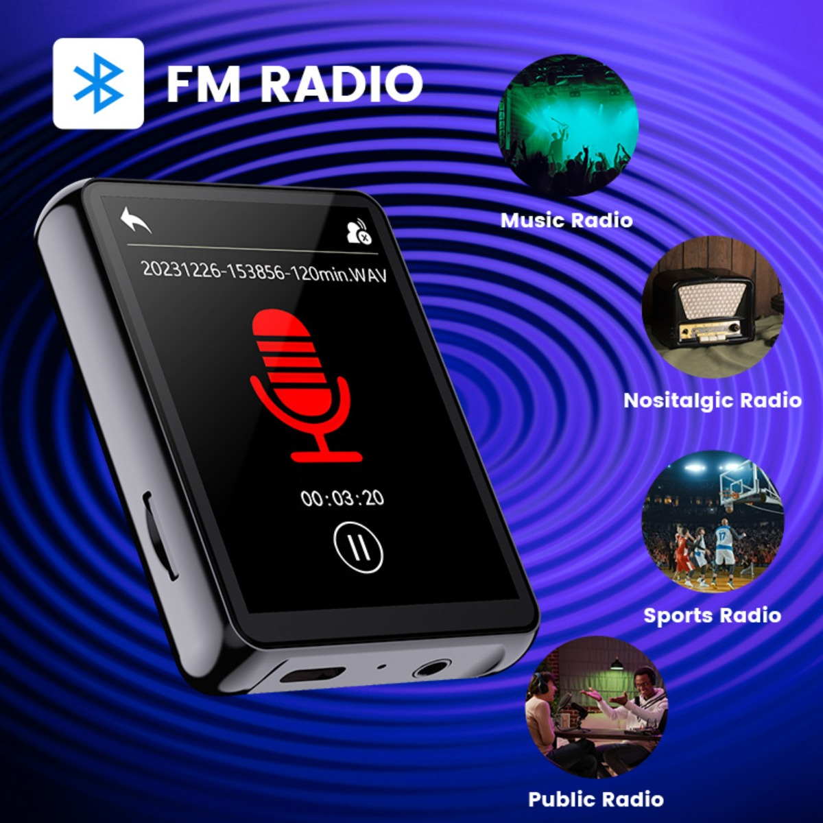 Schwarzer und silberner MP3-Player mit Bildschirm und verschiedenen Radiooptionen.