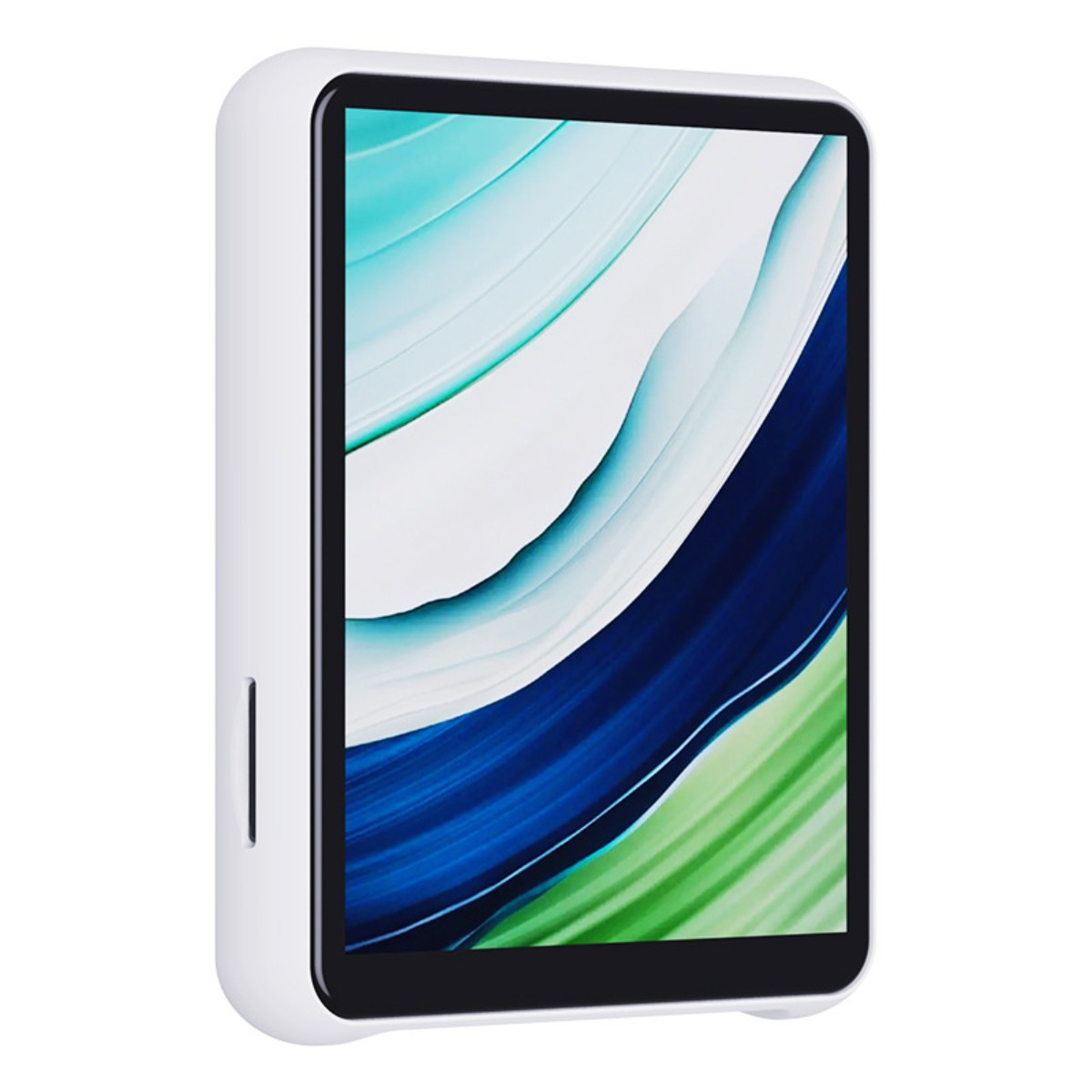 Ein weißes tabletartiges Gerät mit einem schwarzen Bildschirm, der ein abstraktes Bild zeigt, vor weißem Hintergrund.