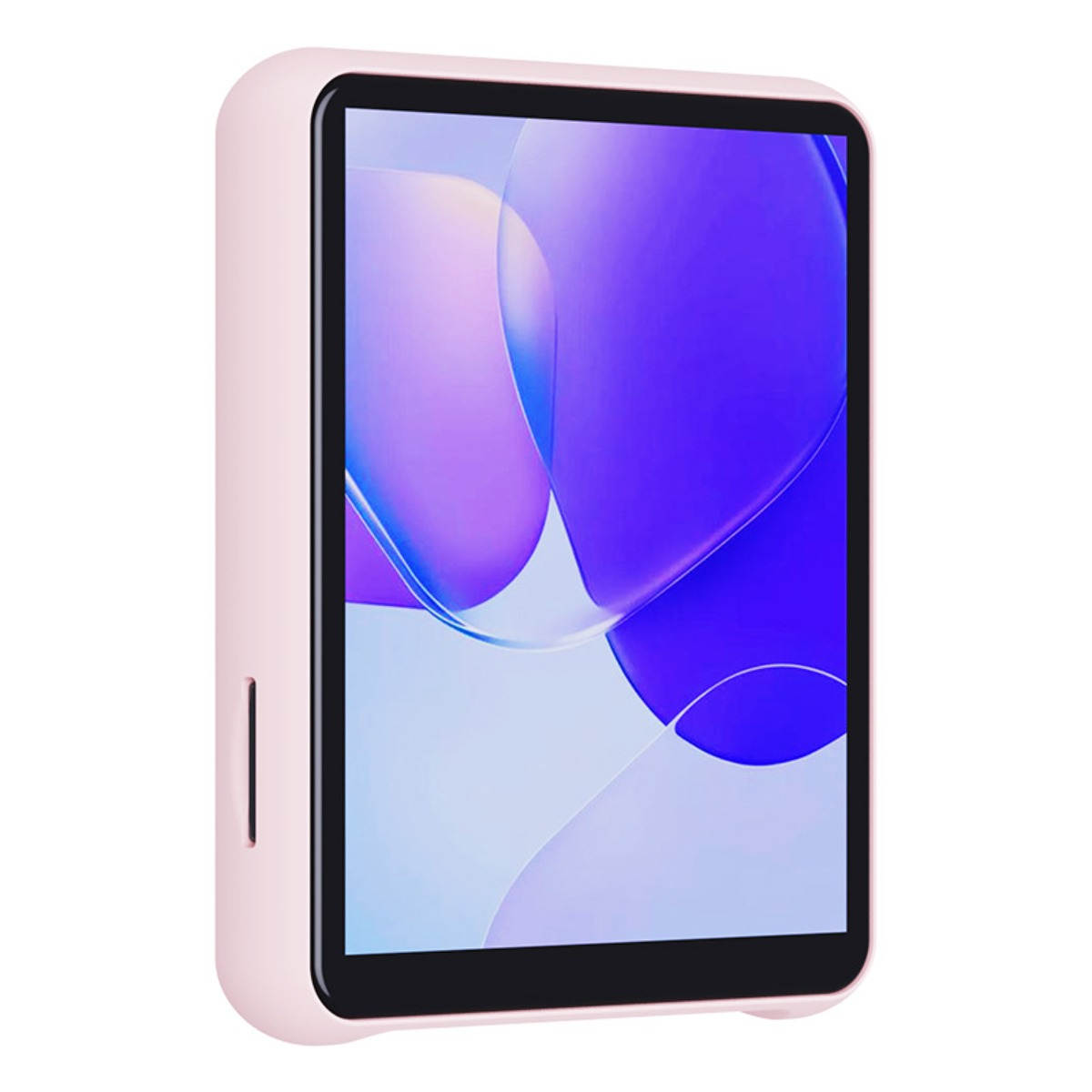 Ein rosa Tablet mit schwarzem Bildschirm, der einen Hintergrund mit lila und blauen Formen zeigt.