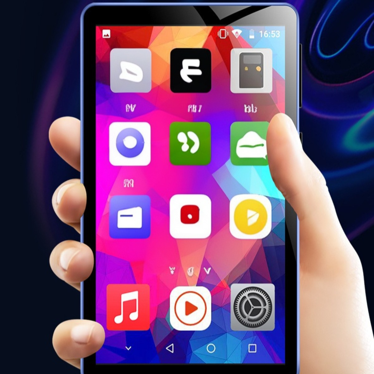 Eine Hand, die ein blaues Tablet hält, das App-Symbole auf seinem Bildschirm anzeigt.