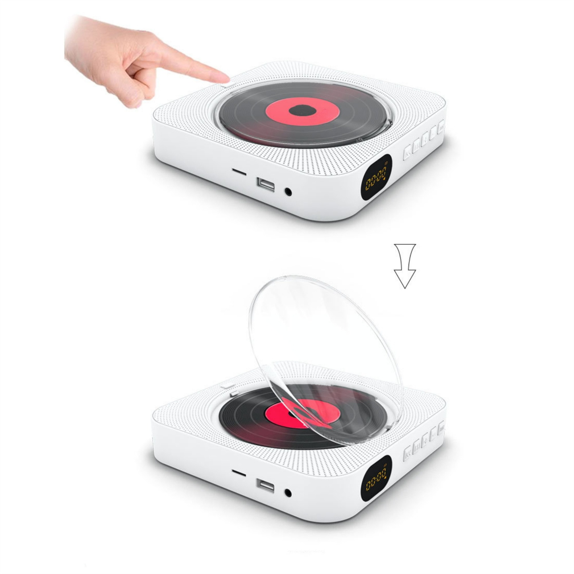 Ein weißer CD-Player mit einer rot-schwarzen Schallplatte, eine Hand berührt ihn.