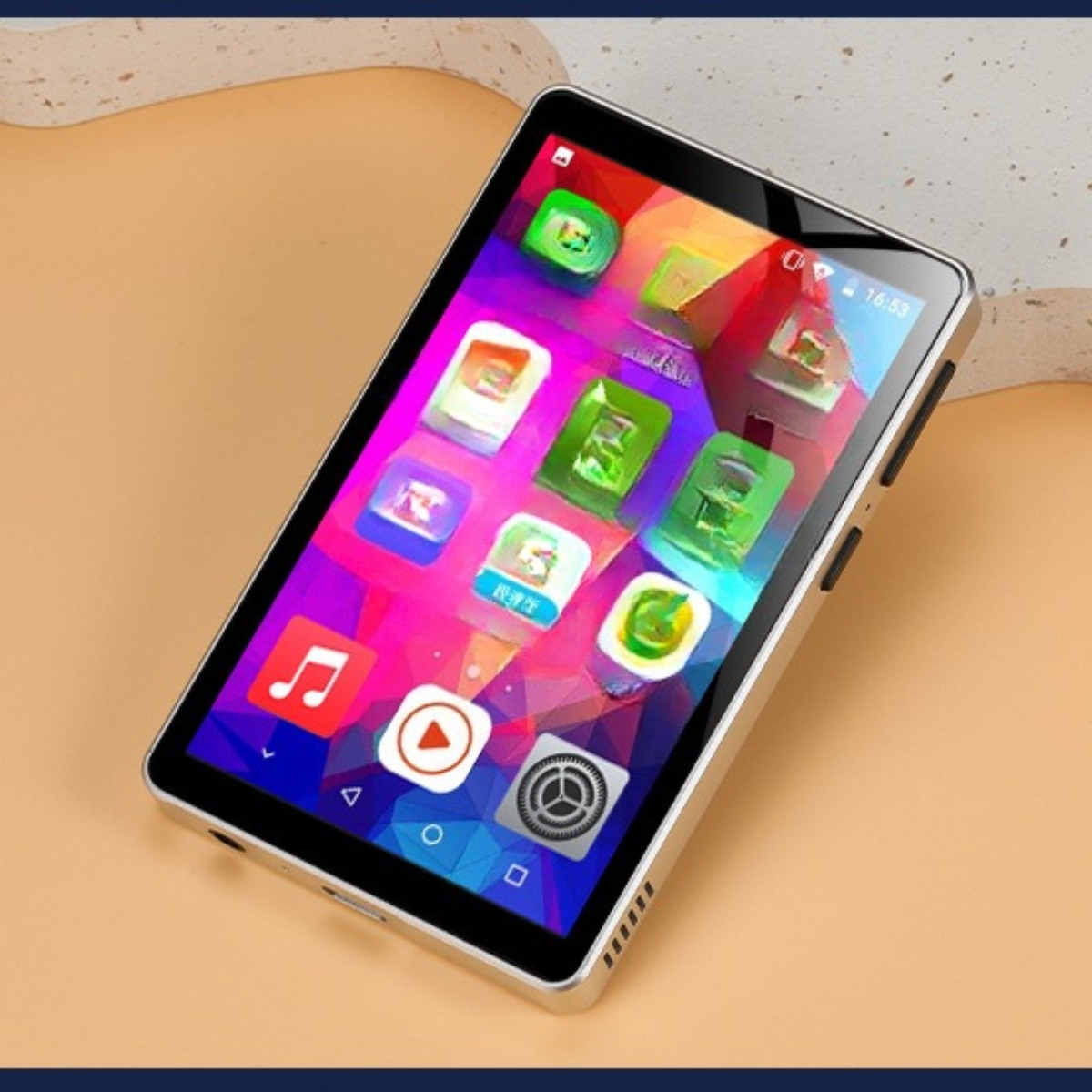 Schwarz-silberner tragbarer Mediaplayer mit farbenfrohem Display mit Symbolen.