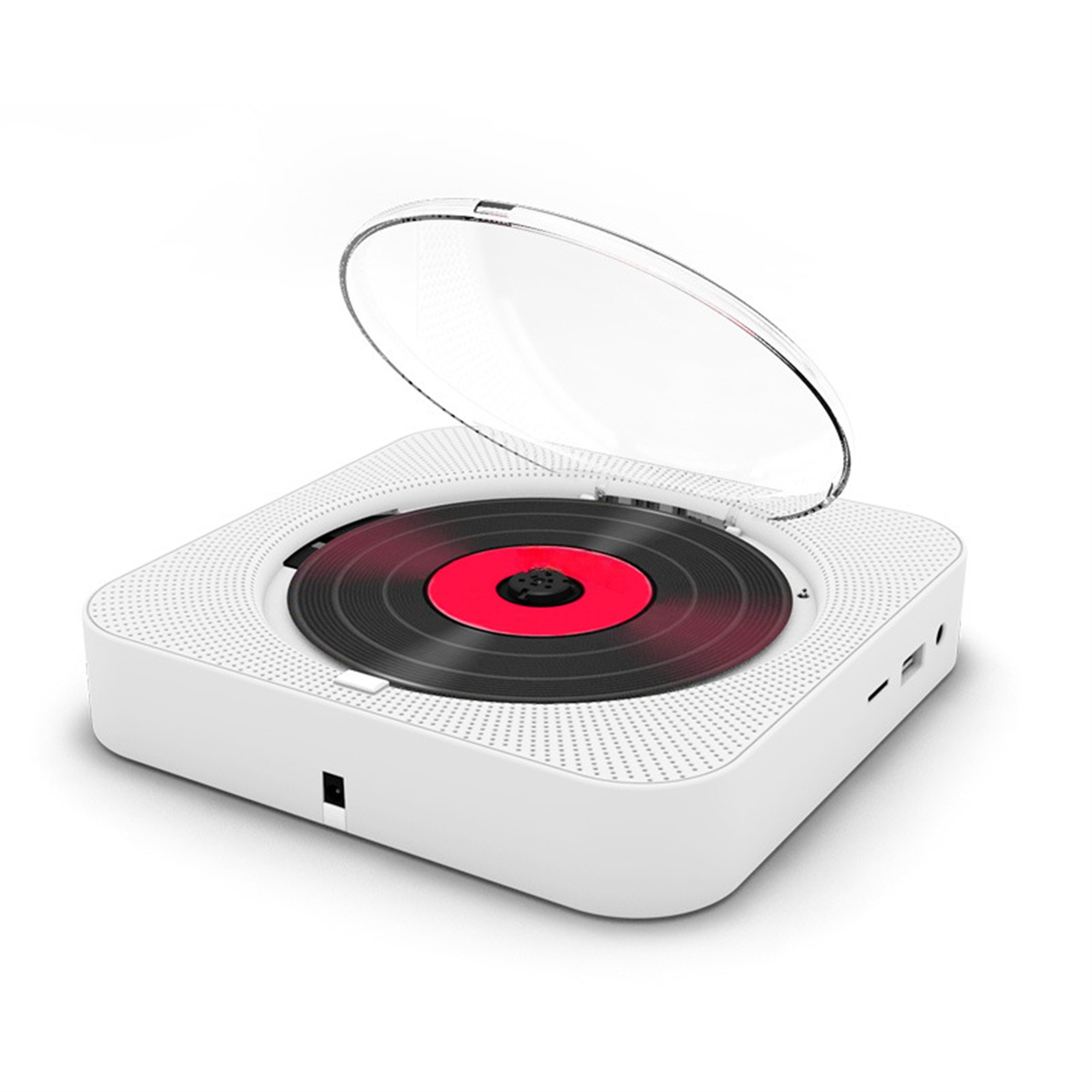 Ein weißer CD-Player mit einer schwarzen Schallplatte im Inneren und einer durchsichtigen Abdeckung.