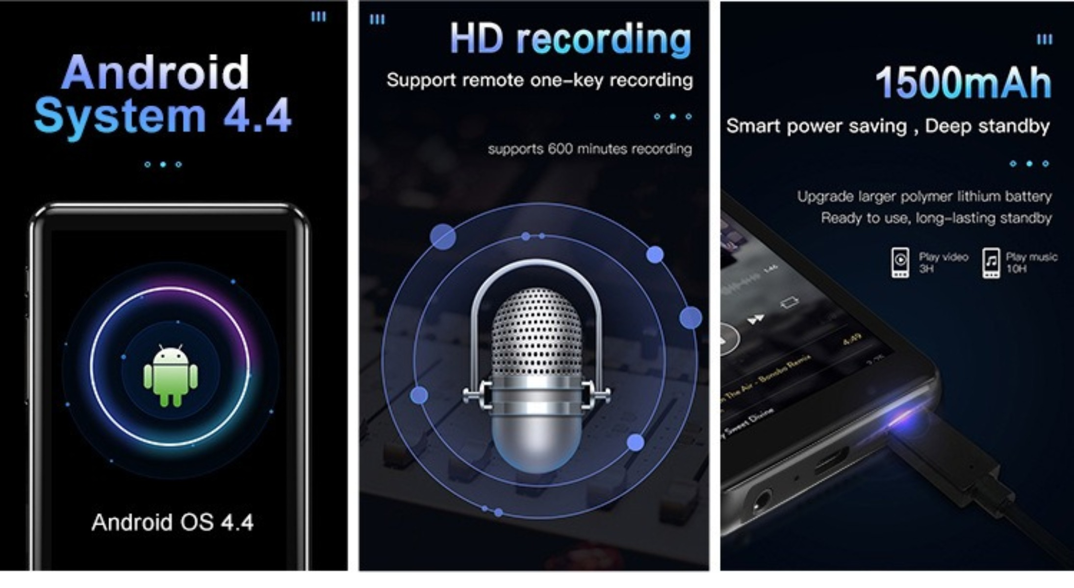 Drei Bilder: Android-System, HD-Aufnahme und 1500-mAh-Akku.
