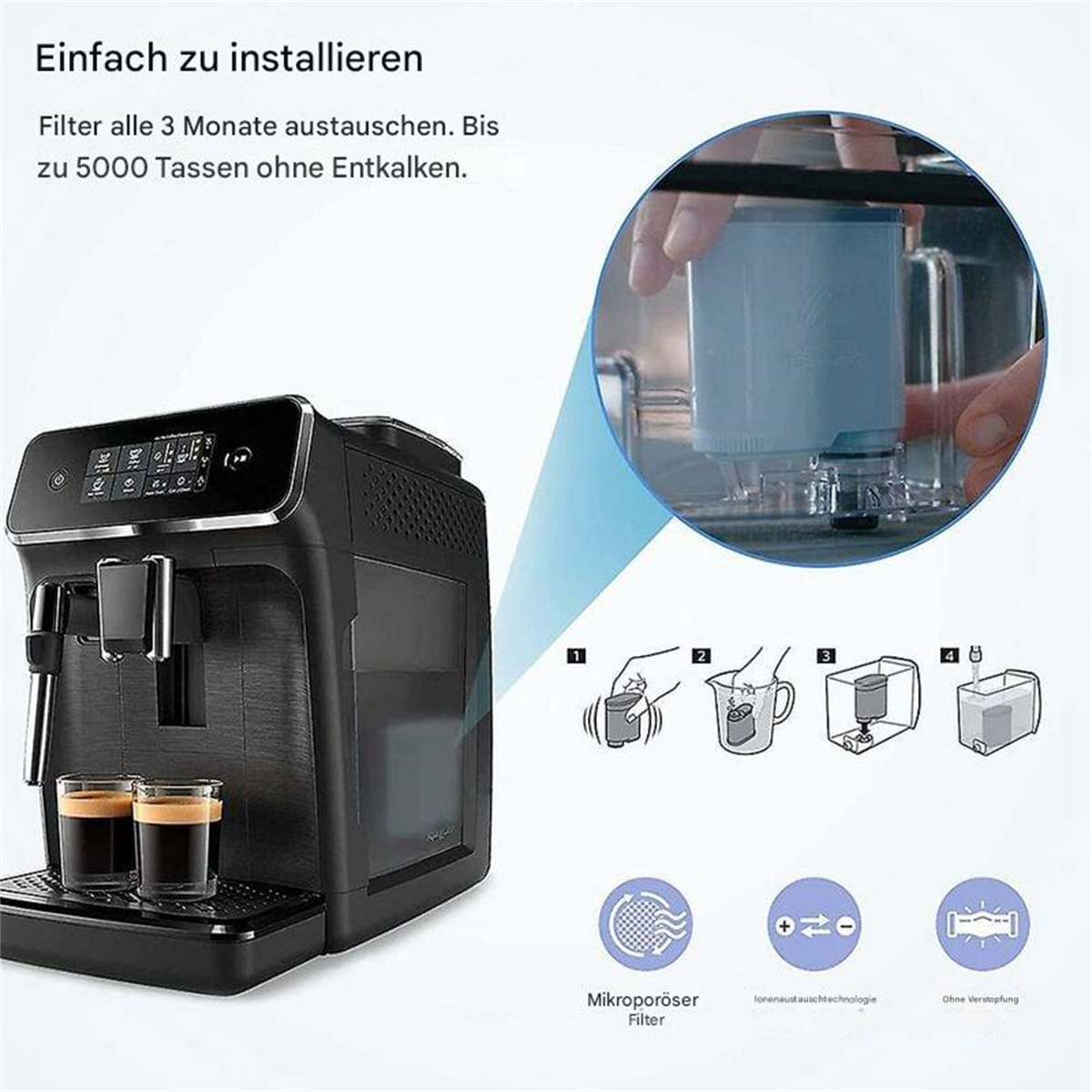 Schwarze Kaffeemaschine mit Kaffeetassen und Filterdetails.