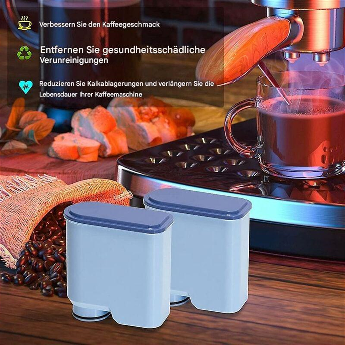 Kaffeemaschine mit zwei Wasserfiltern, Kaffeebohnen und einer Tasse Kaffee.