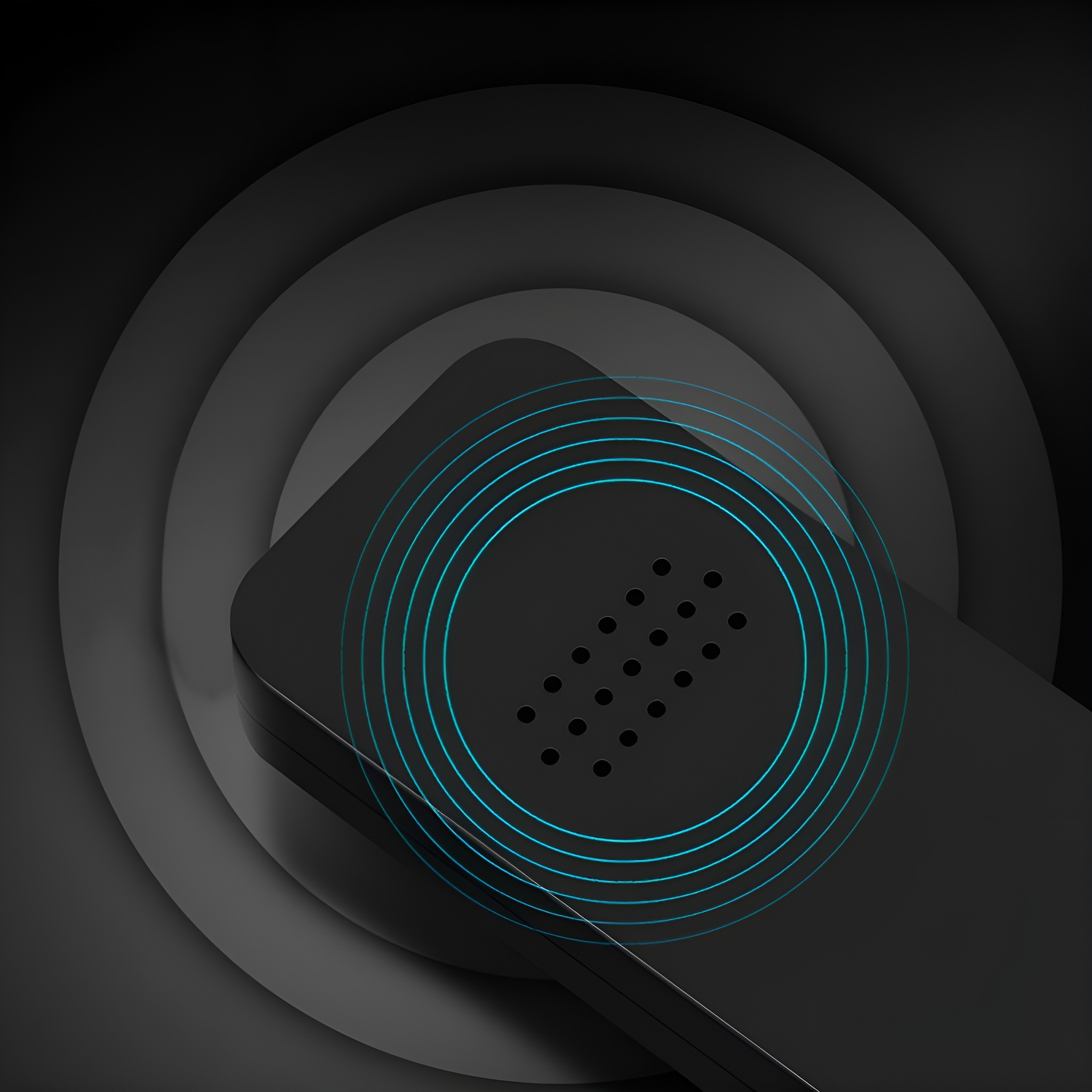 Ein schwarzes Gerät, möglicherweise ein Telefon, mit einem Lautsprechergitter, das Schallwellen ausstrahlt.