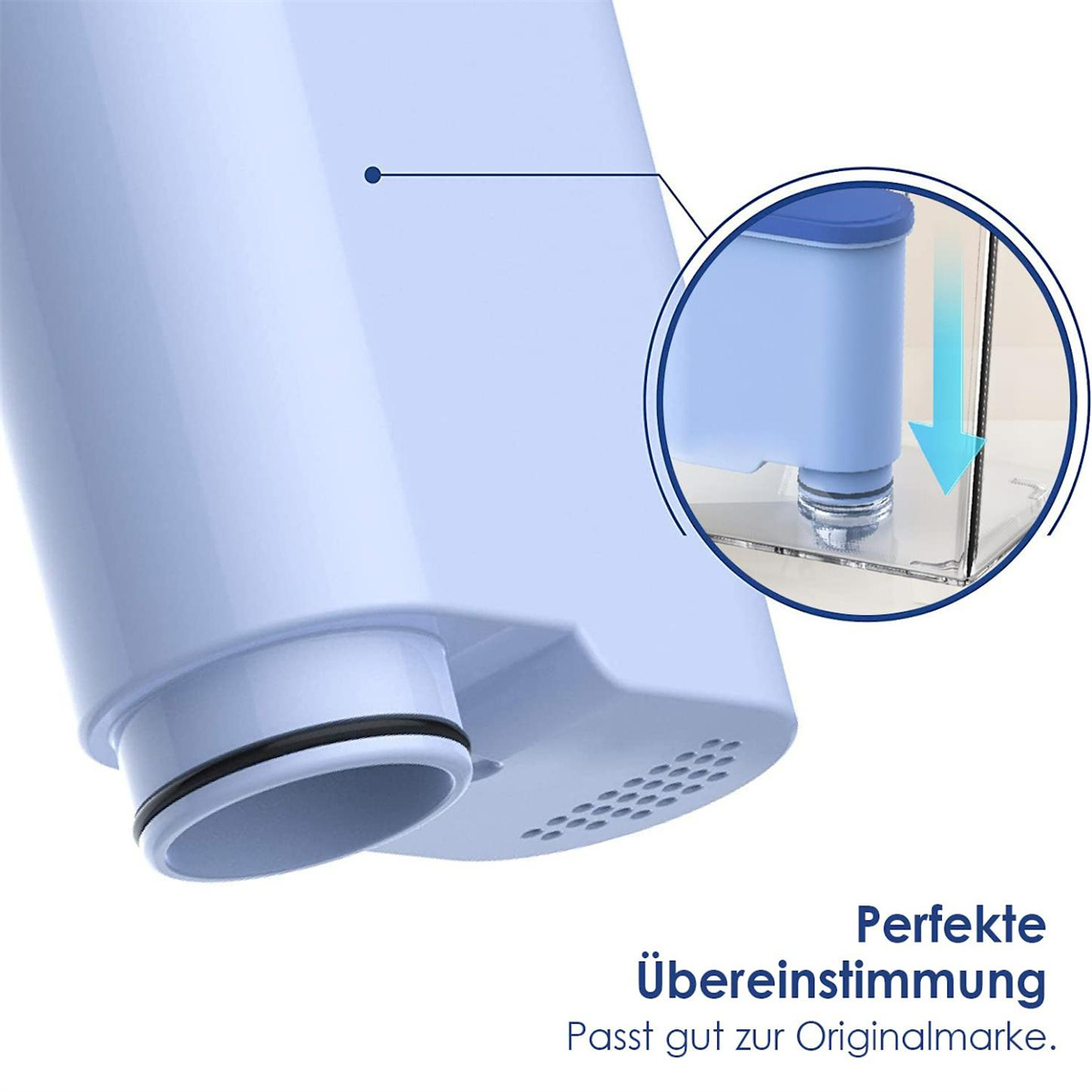 Nahaufnahme eines Wasserfilters, mit blauem Bereich und Pfeil, der den Wasserfluss zeigt.