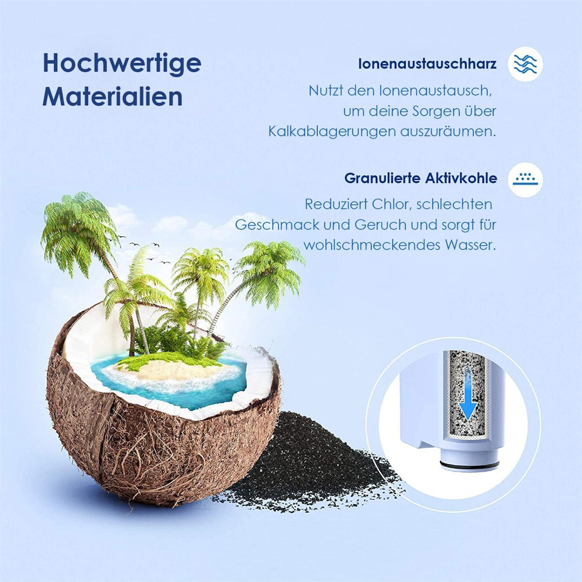 Kokosnussschale mit Palmen-Szene, Wasserfilter-Grafik und Text.