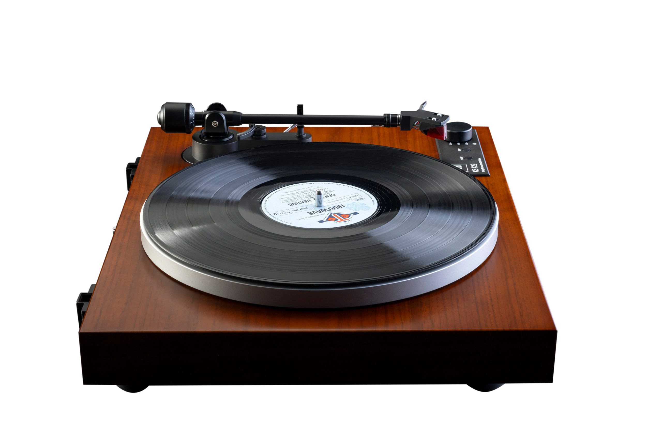 Plattenspieler mit Vinyl-Schallplatte. Braun mit schwarzem Tonarm.