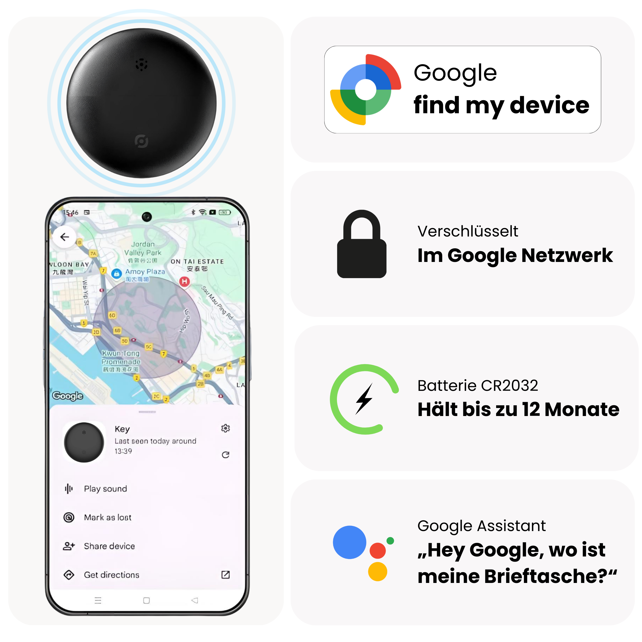Ein schwarzes kreisförmiges Gerät mit einem Smartphone, das eine Karte und Google-Funktionen anzeigt.