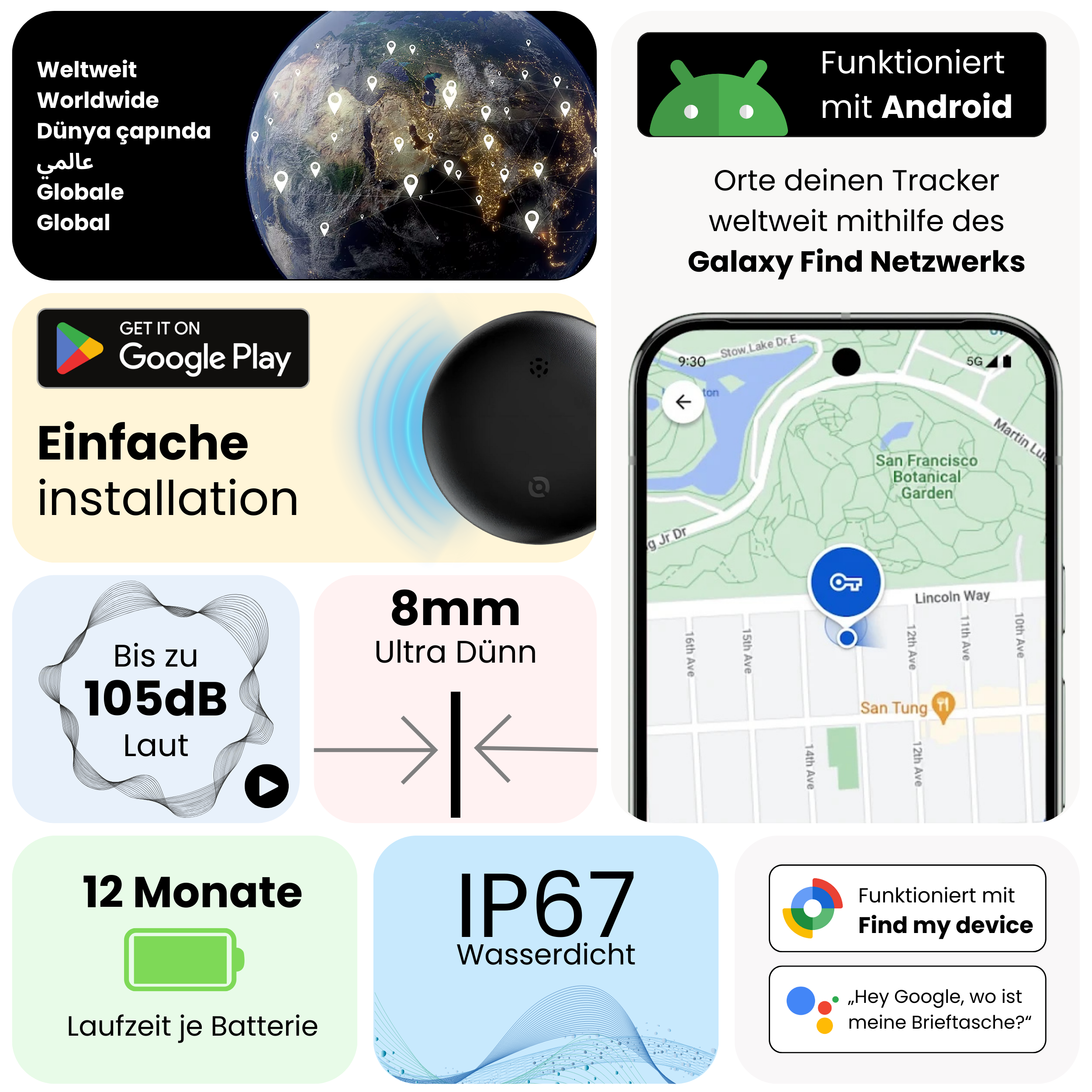 Ein schwarzer Tracker mit Funktionen: 8mm dünn, 105dB laut, 12 Monate Batterie, IP67.
