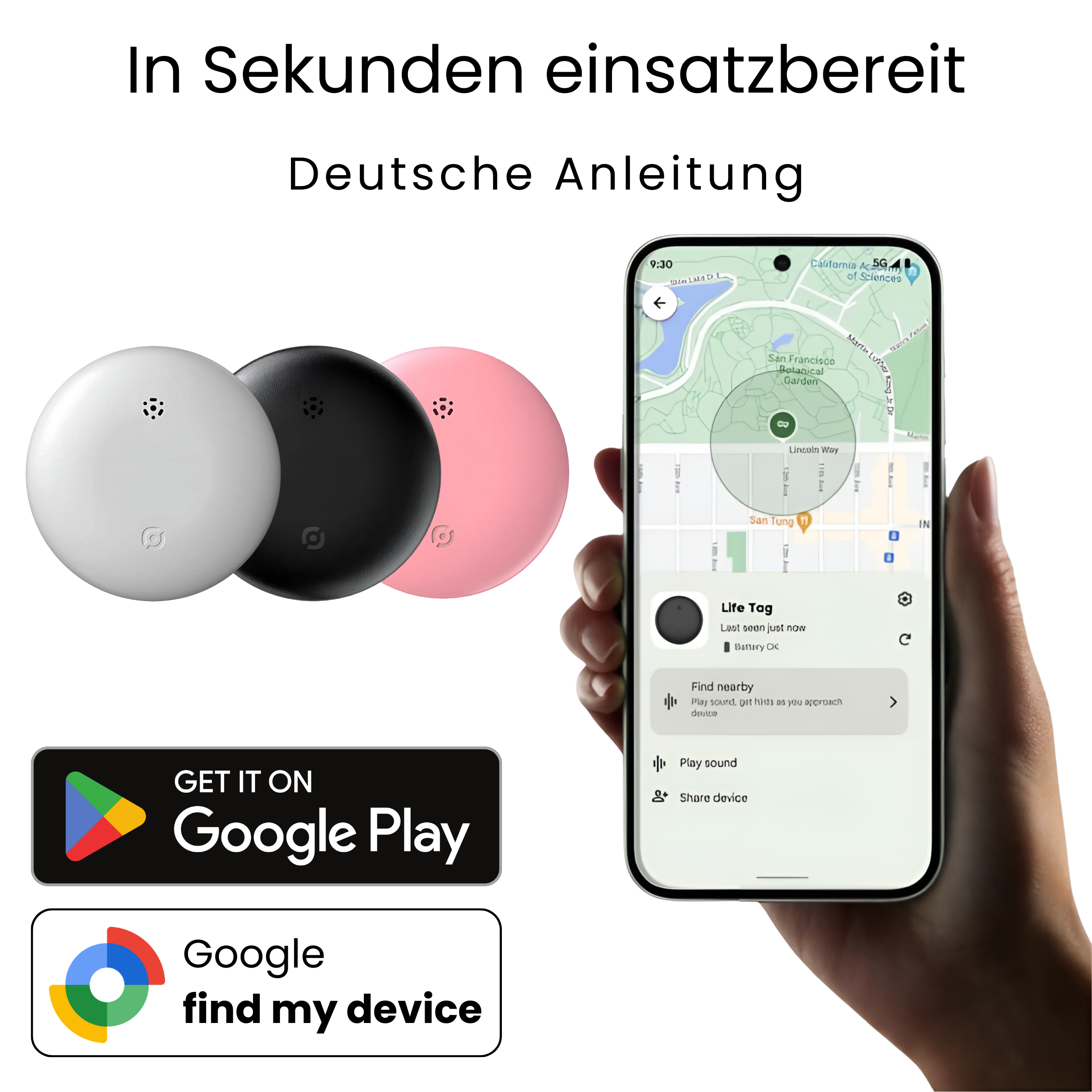 Drei Ortungsgeräte in Weiß, Schwarz und Rosa, mit einem Telefon, das eine Karte anzeigt.
