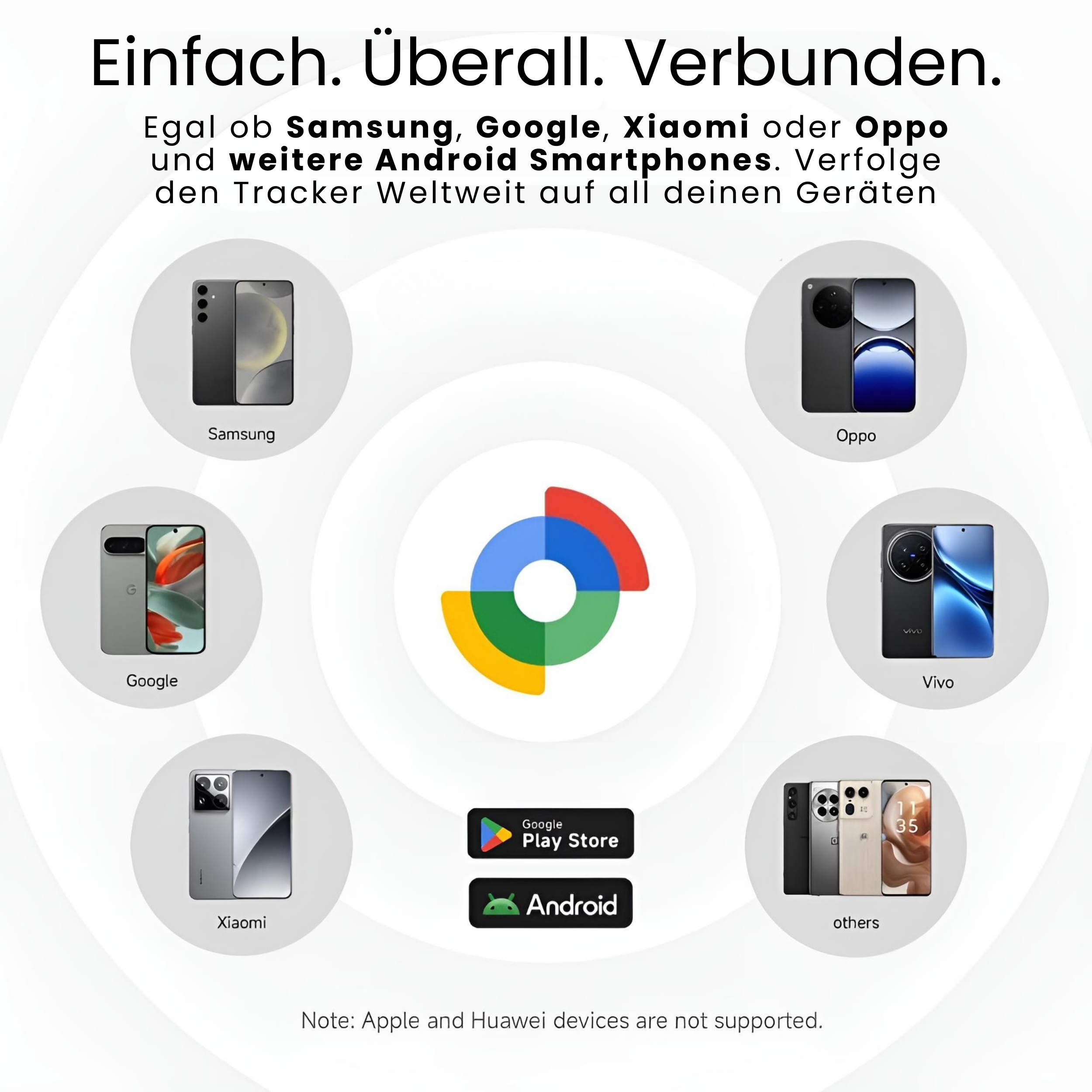 Smartphones um ein Logo. Samsung, Google, Xiaomi, Oppo und Vivo Telefone werden angezeigt.