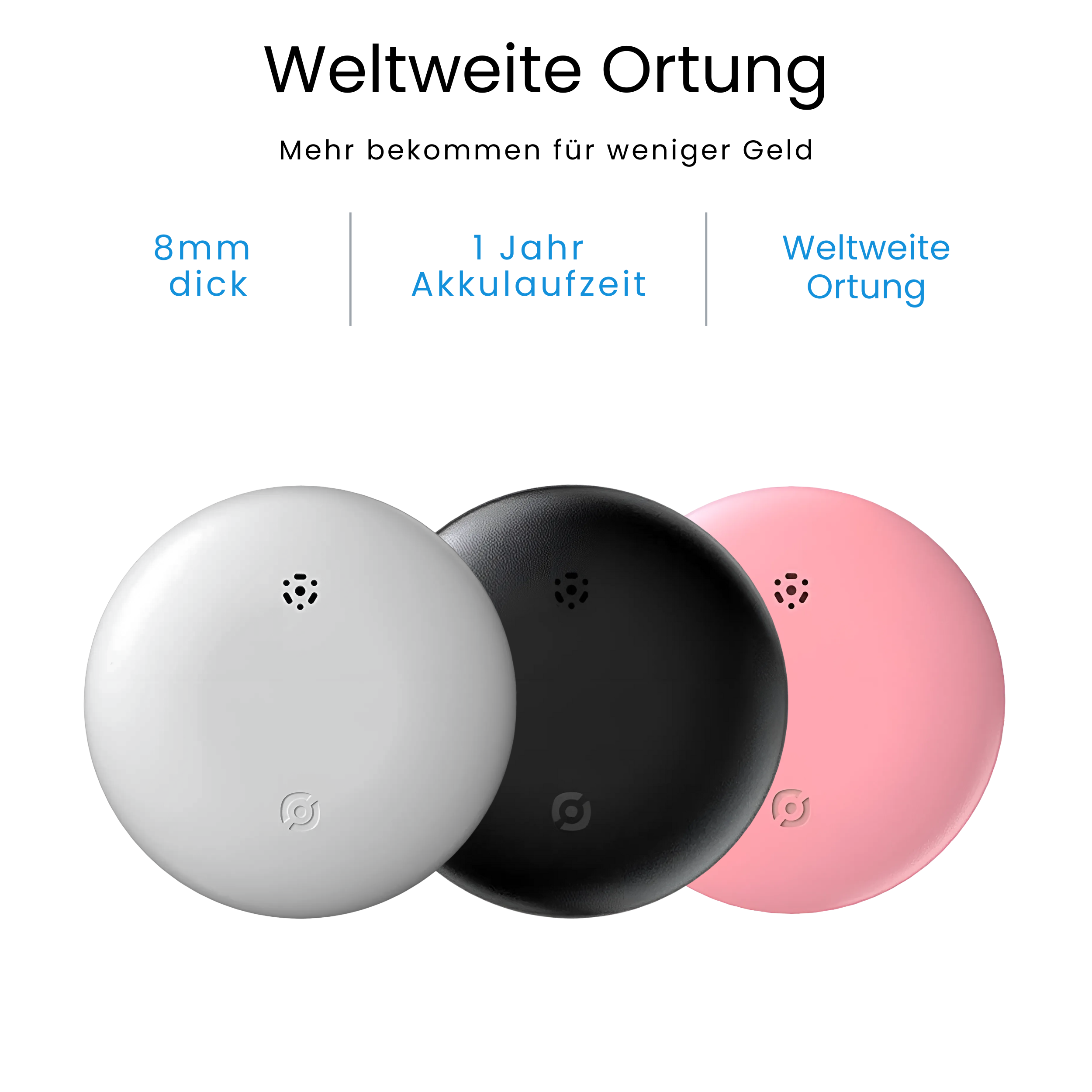 Drei kleine, runde Geräte: weiß, schwarz und rosa. Der Text lautet 'Weltweite Ortung' und '8mm dick'.