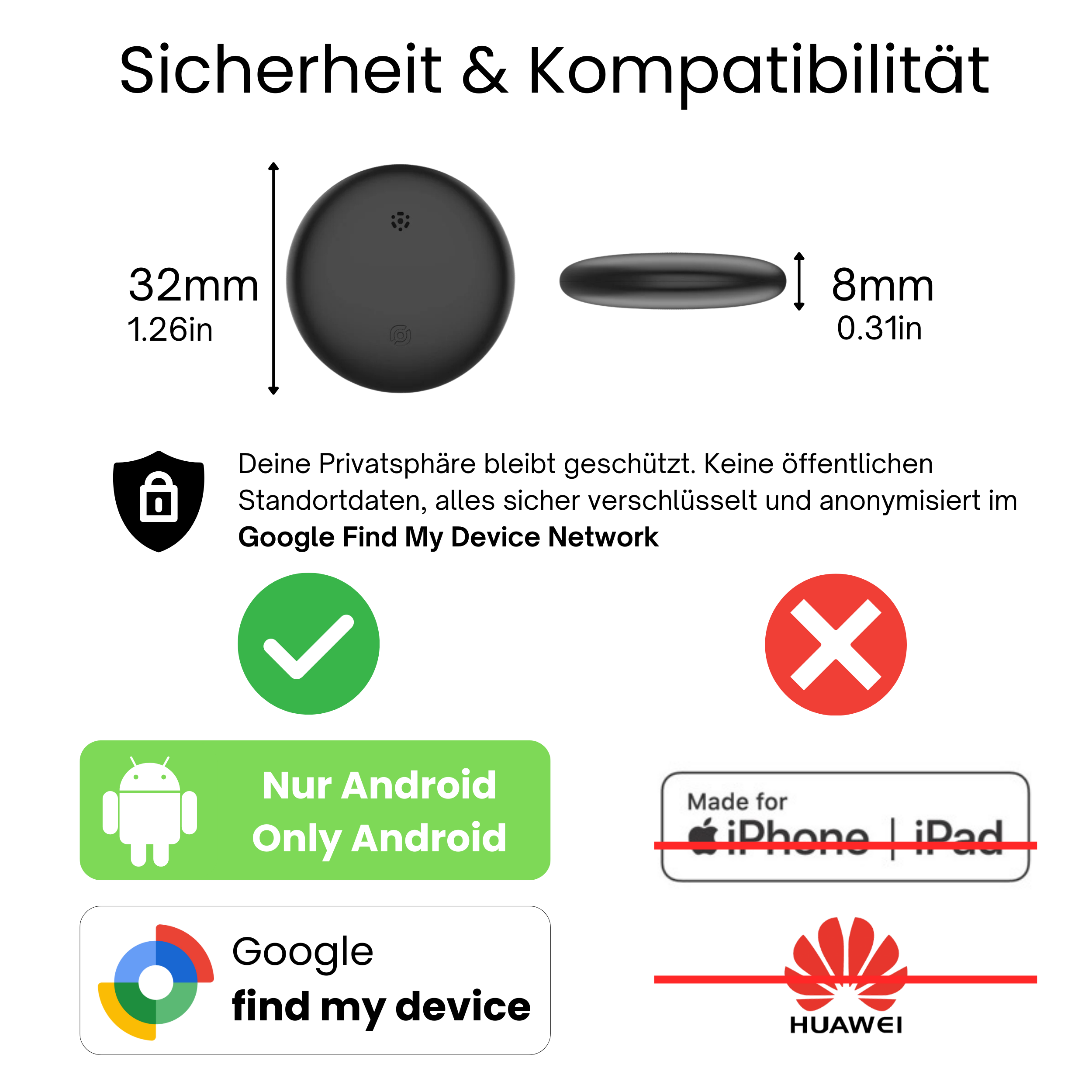 Ein schwarzes rundes Gerät mit Text und Symbolen. Es befindet sich neben einem Huawei-Logo und einem Android-Logo.