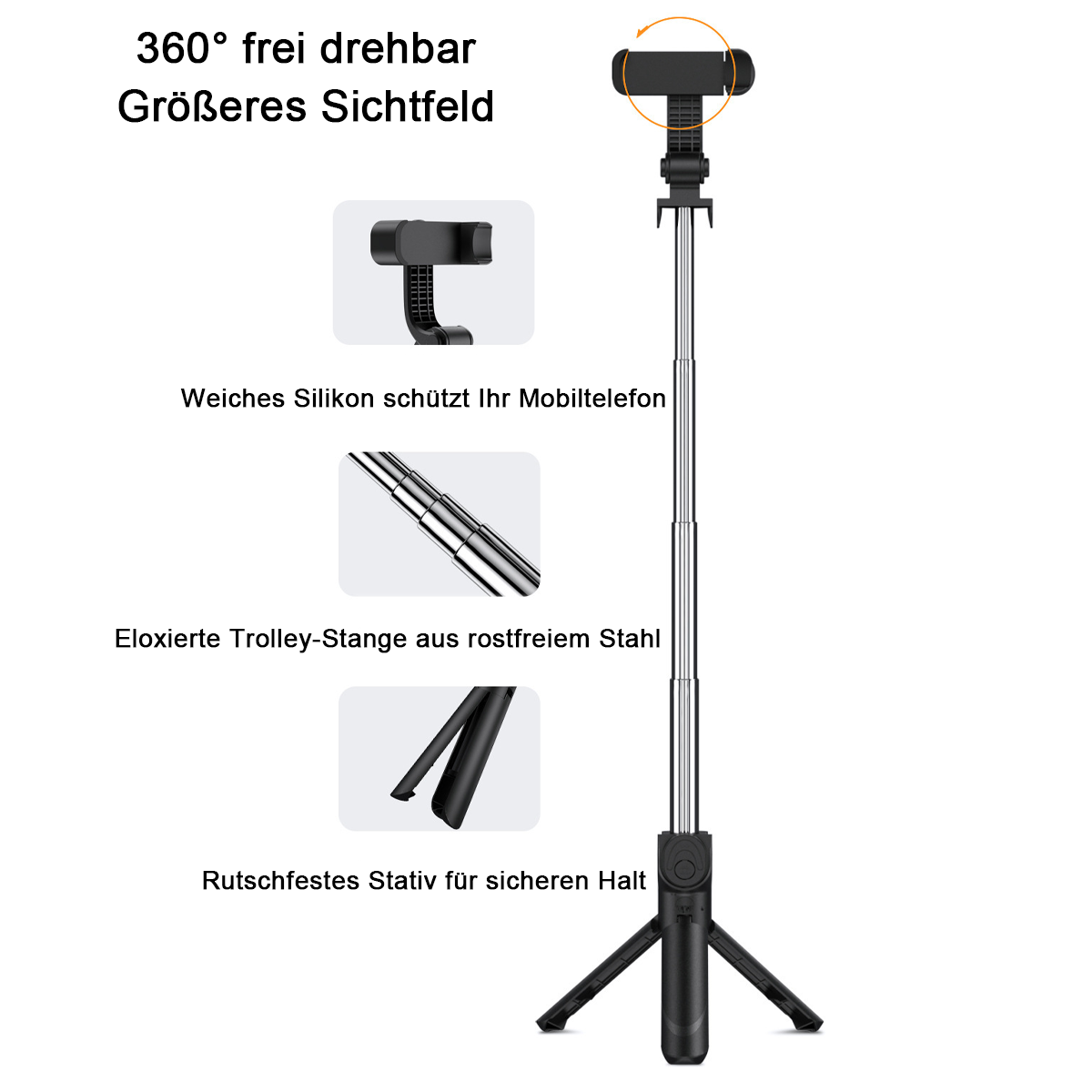 Ein Selfie-Stick mit Telefonhalter, mit Details zu den Materialien und Funktionen.