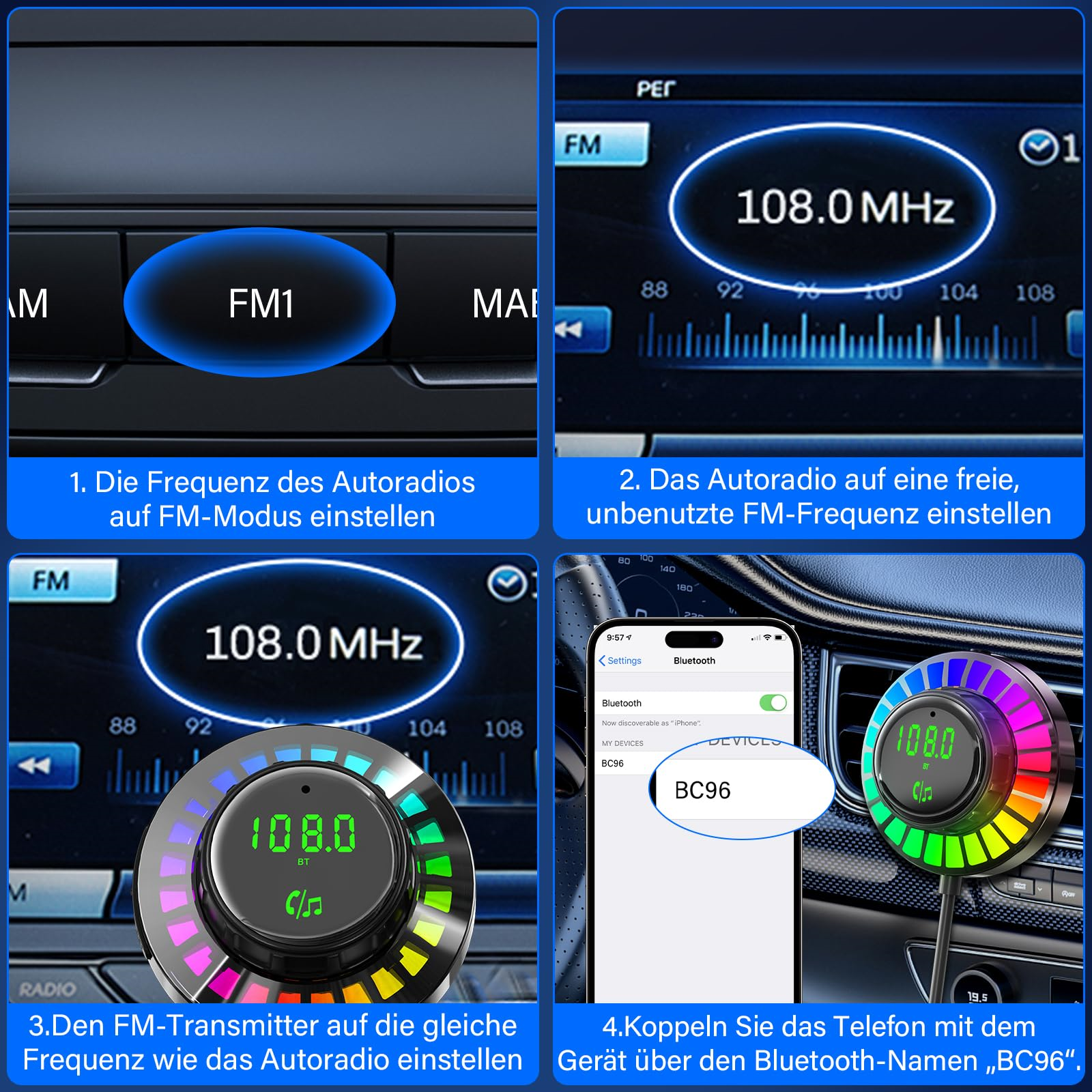 Vier Bilder, die zeigen, wie man einen UKW-Sender einrichtet. Beinhaltet UKW-Radiobildschirm und Telefon-Bluetooth-Kopplung.