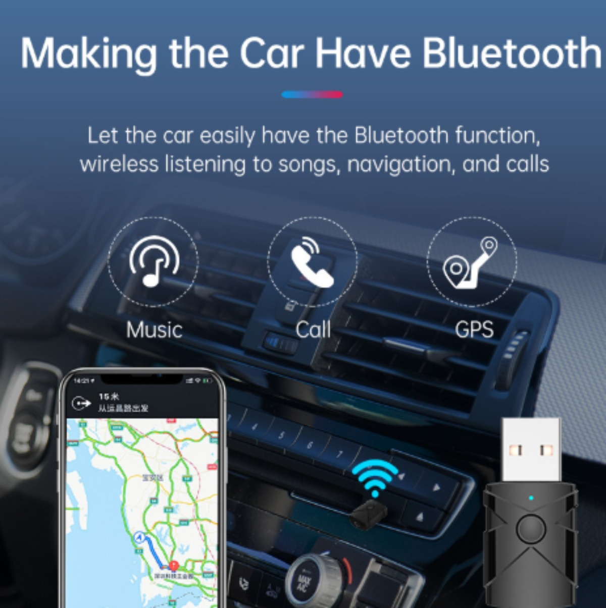 Armaturenbrett eines Autos mit eingestecktem Bluetooth-Adapter. Zeigt ein Telefon mit Karte.