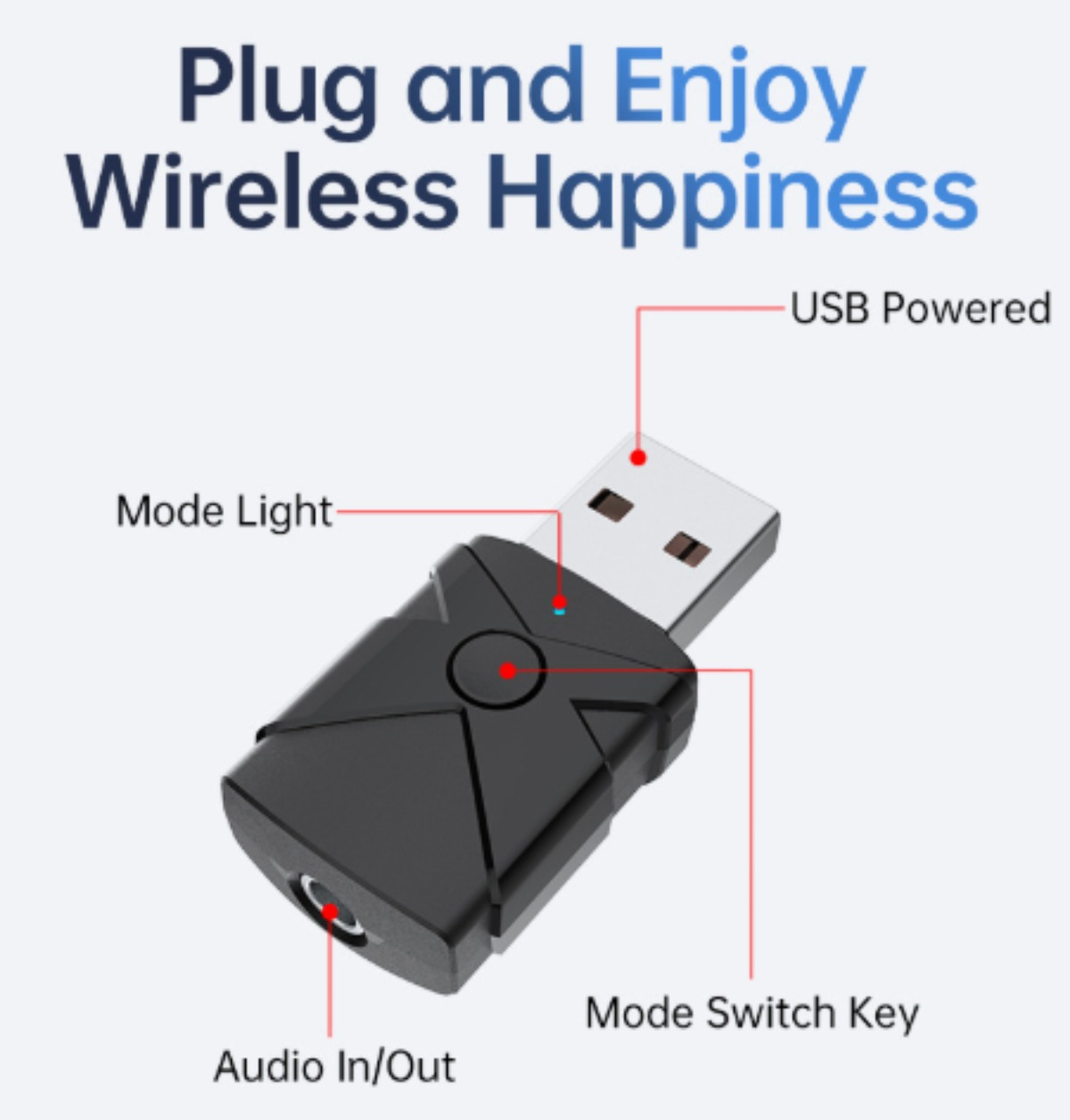 Schwarzer USB-Bluetooth-Adapter mit Etiketten und USB-Stromversorgung.