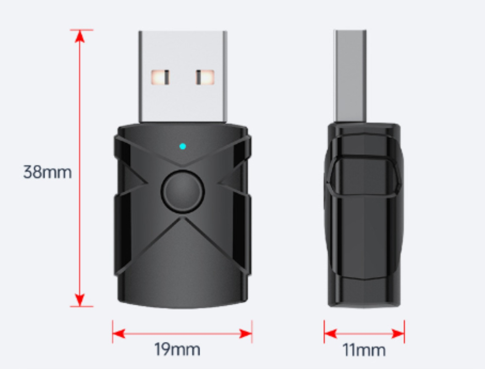 Ein schwarzer USB-Adapter mit den Abmessungen: 38 mm hoch, 19 mm breit, 11 mm dick.